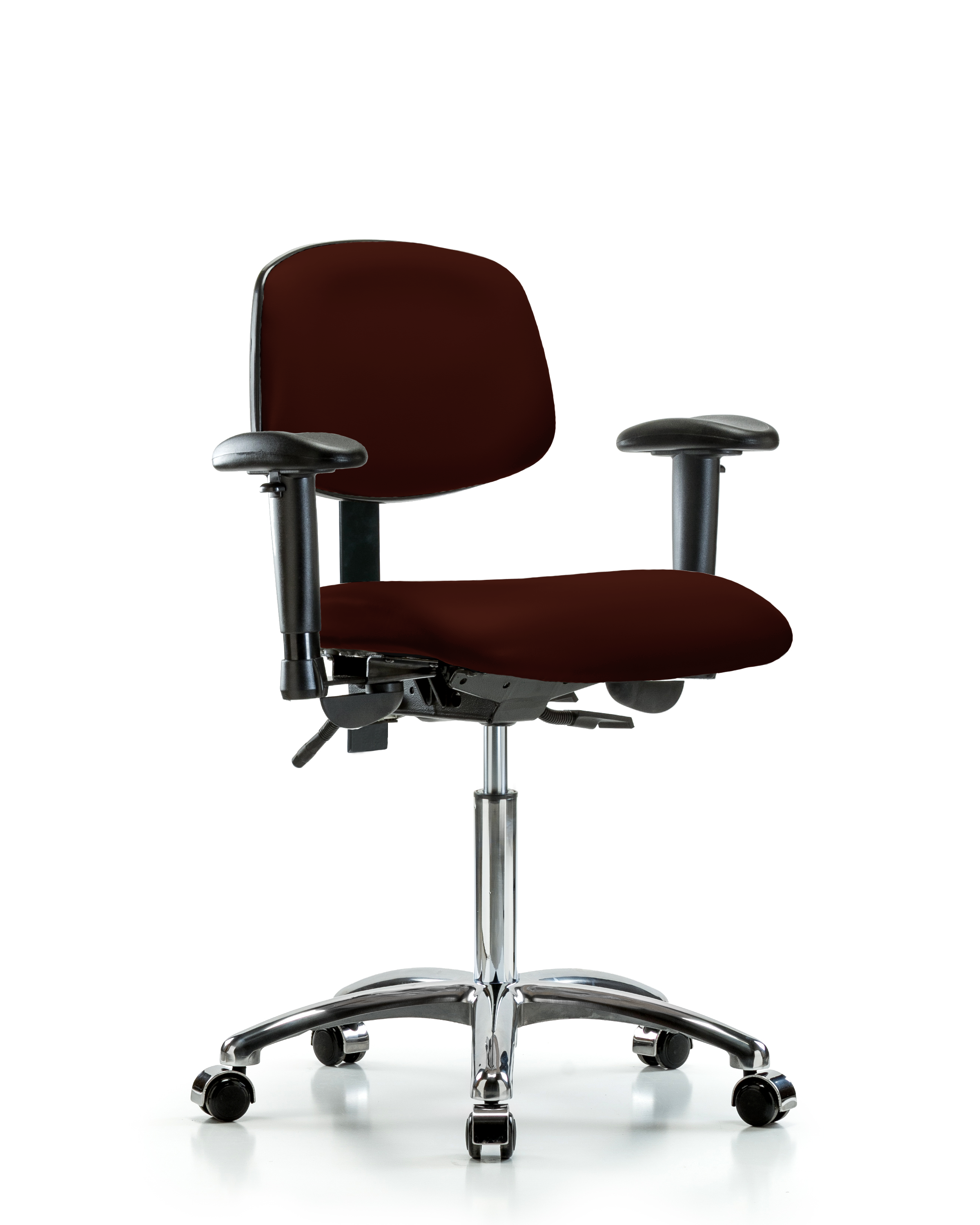 Rutledge Vinyl Chair Chrome - Medium Bench Height with Seat Tilt, Adjustable Arms, & Casters in Burgundy Trailblazer Vinyl