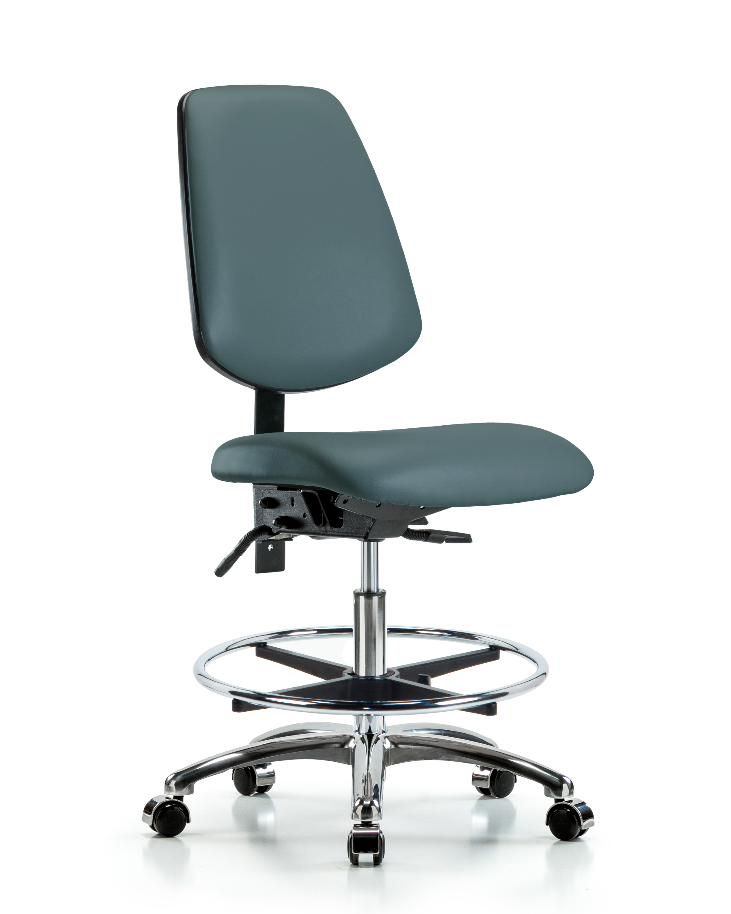 Rutledge Vinyl Chair Chrome - Medium Bench Height with Medium Back, Chrome Foot Ring, & Casters in Colonial Blue Trailblazer Vinyl