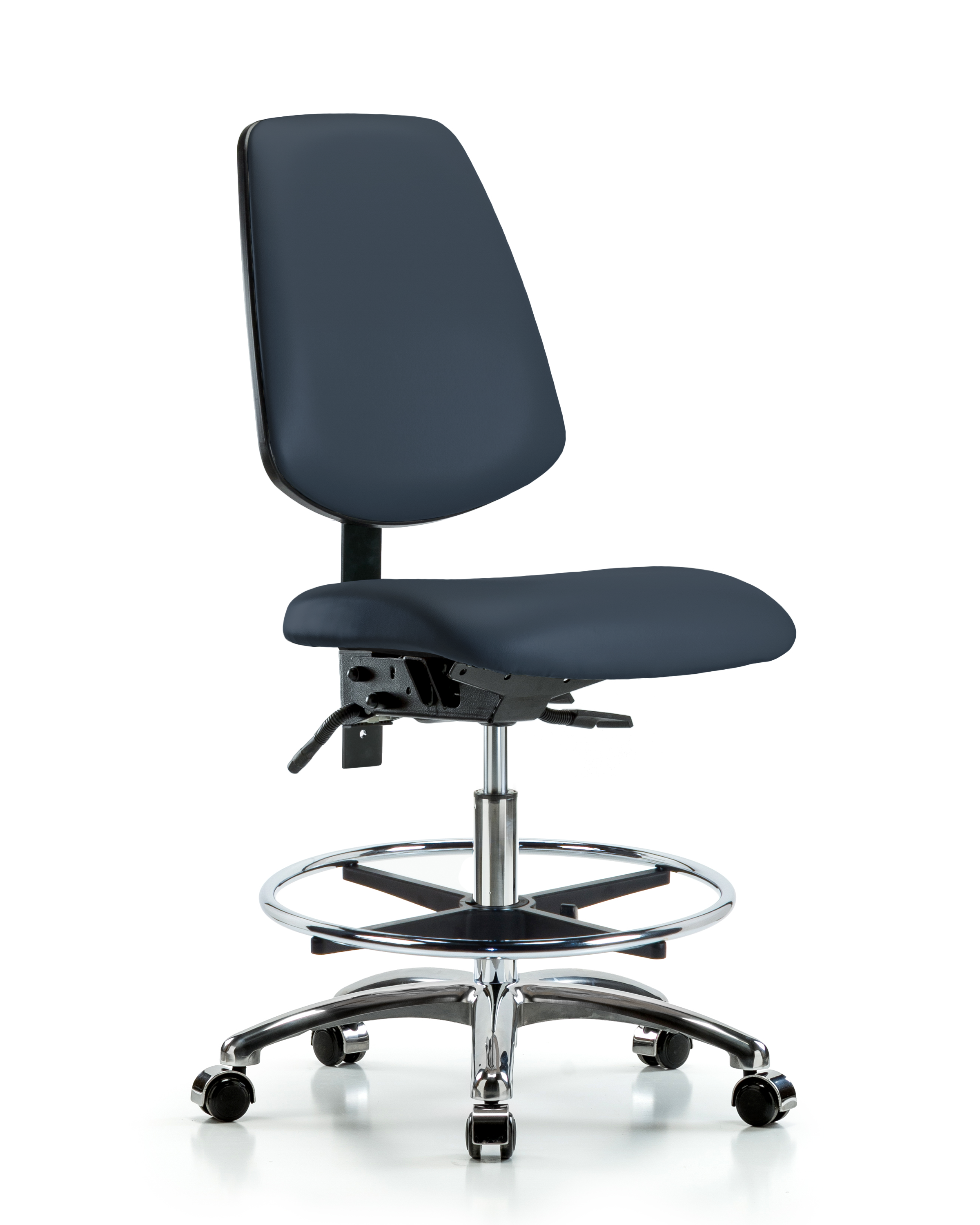 Rutledge Vinyl Chair Chrome - Medium Bench Height with Medium Back, Chrome Foot Ring, & Casters in Imperial Blue Trailblazer Vinyl