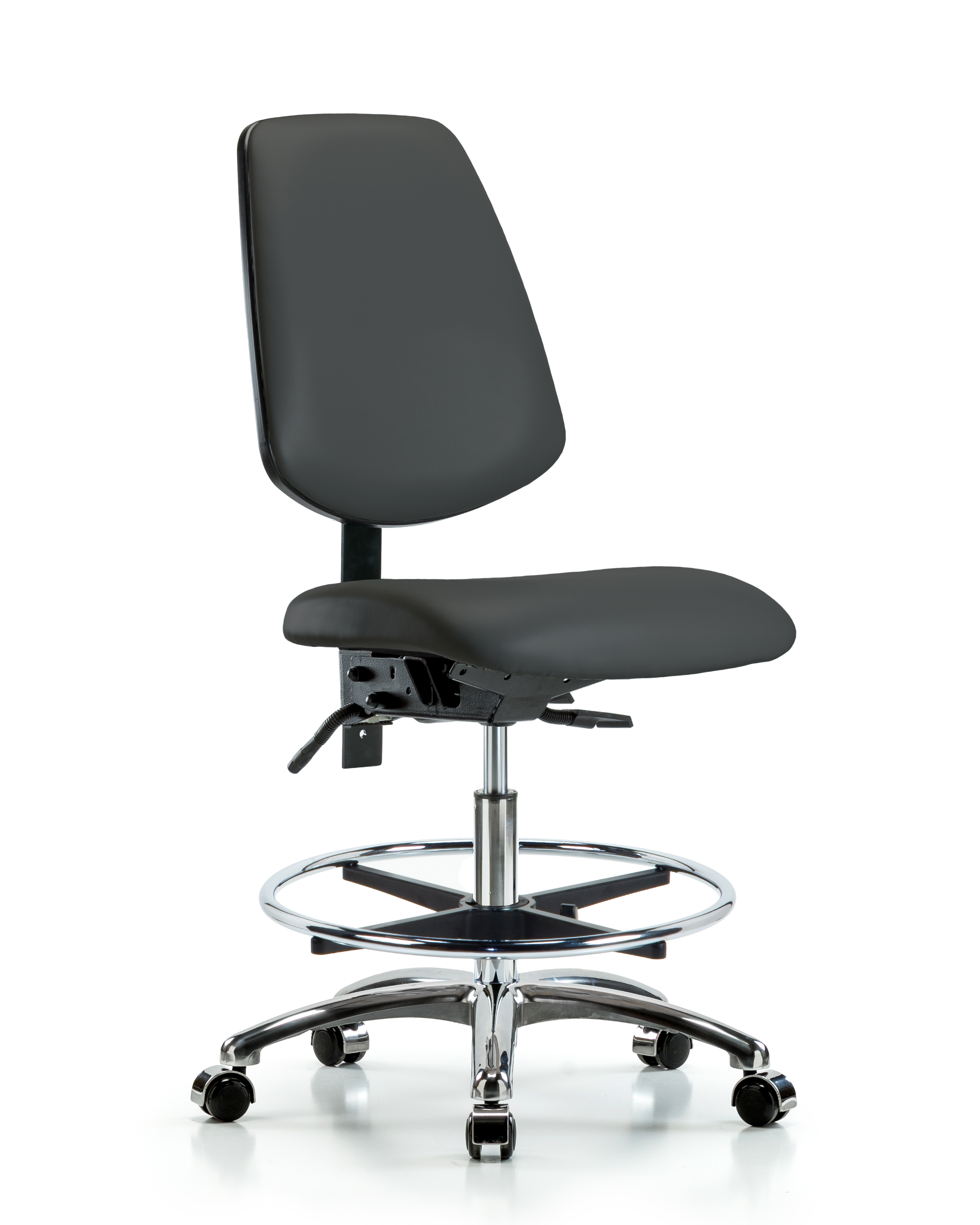 Rutledge Vinyl Chair Chrome - Medium Bench Height with Medium Back, Chrome Foot Ring, & Casters in Charcoal Trailblazer Vinyl