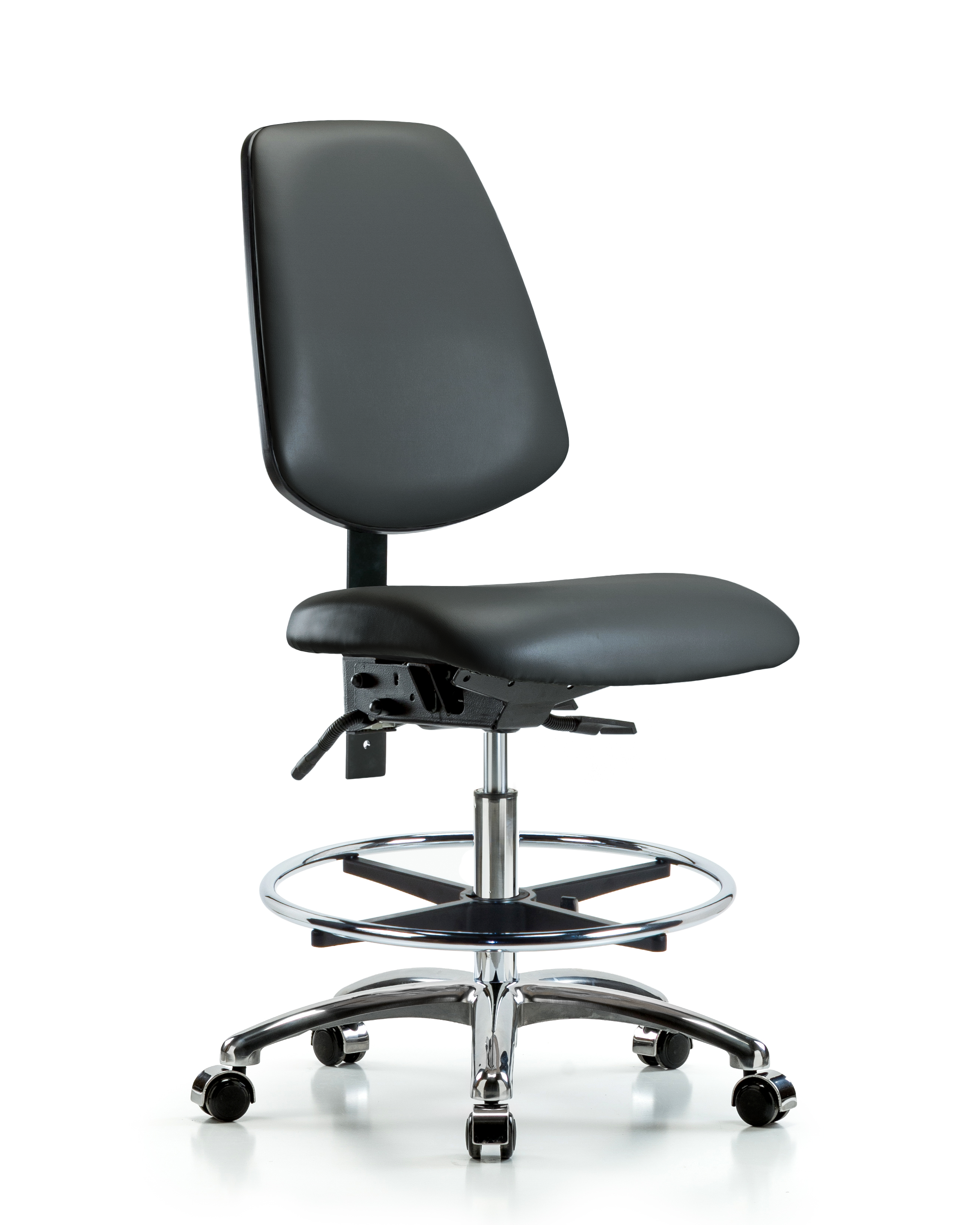 Rutledge Vinyl Chair Chrome - Medium Bench Height with Medium Back, Chrome Foot Ring, & Casters in Carbon Supernova Vinyl