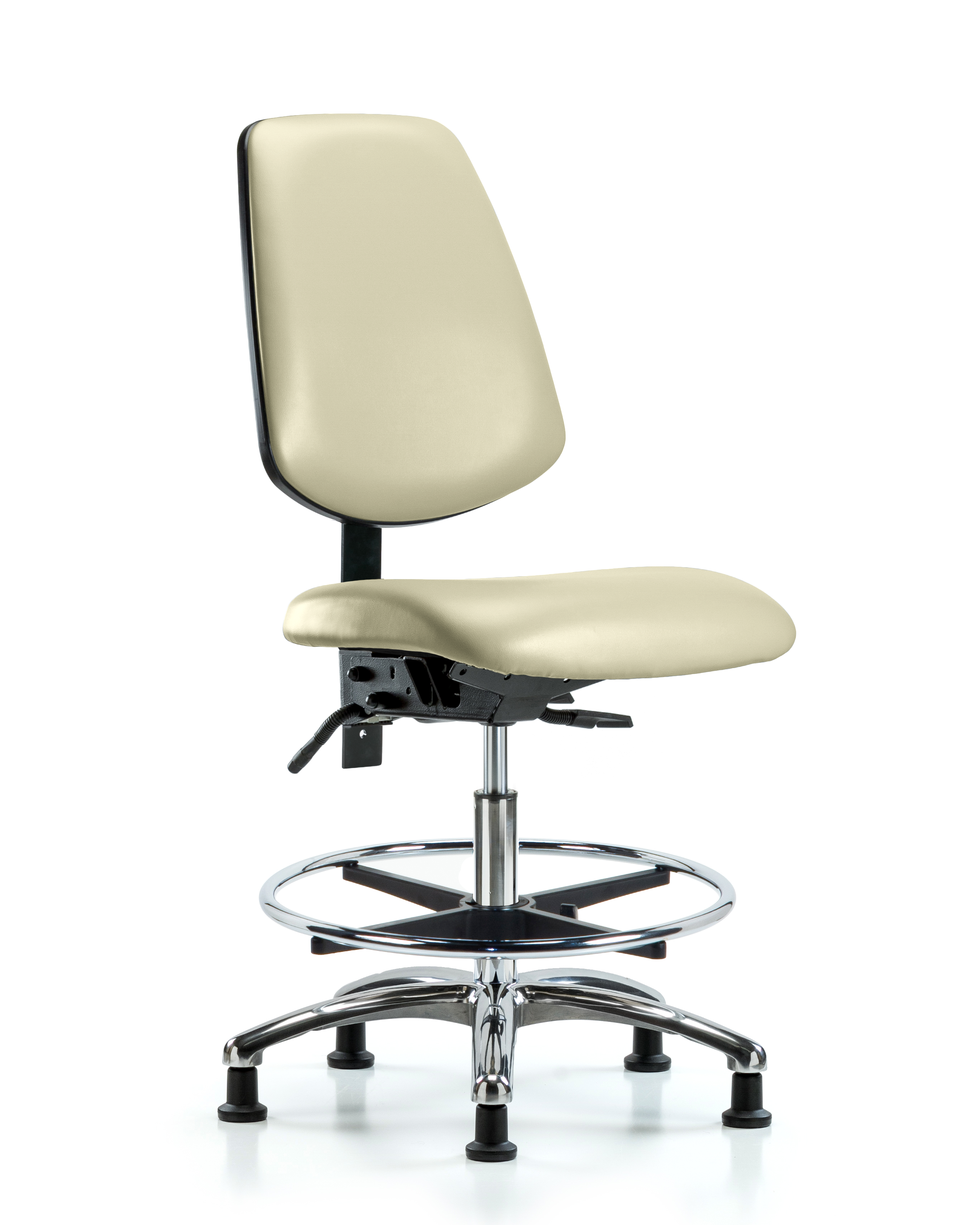 Rutledge Vinyl Chair Chrome - Medium Bench Height with Medium Back, Chrome Foot Ring, & Stationary Glides in Adobe White Trailblazer Vinyl
