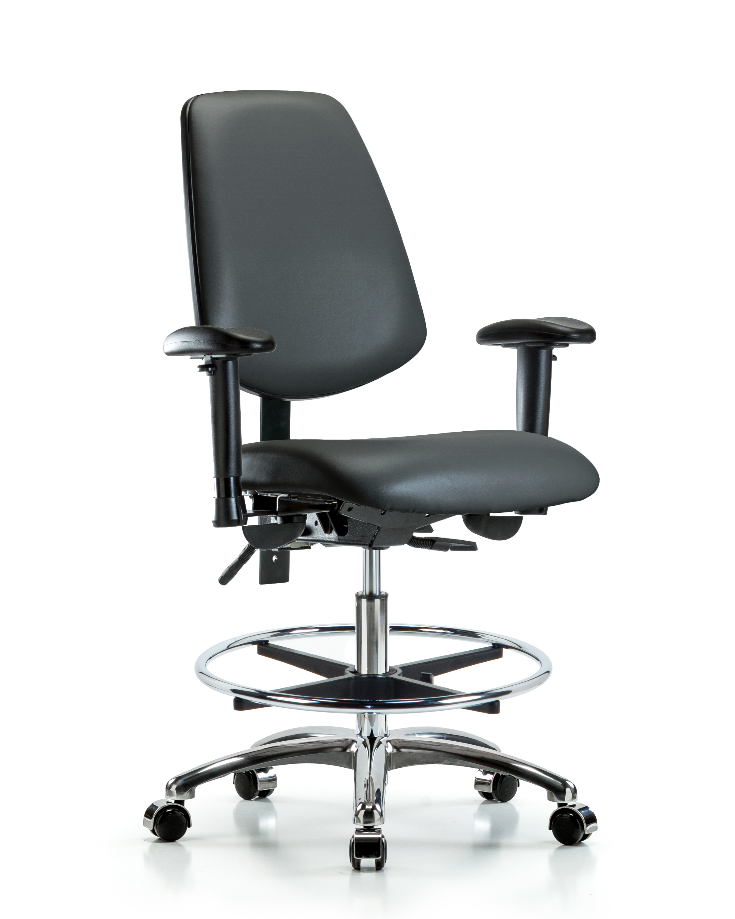 Rutledge Vinyl Chair Chrome - Medium Bench Height with Medium Back, Adjustable Arms, Chrome Foot Ring, & Casters in Carbon Supernova Vinyl