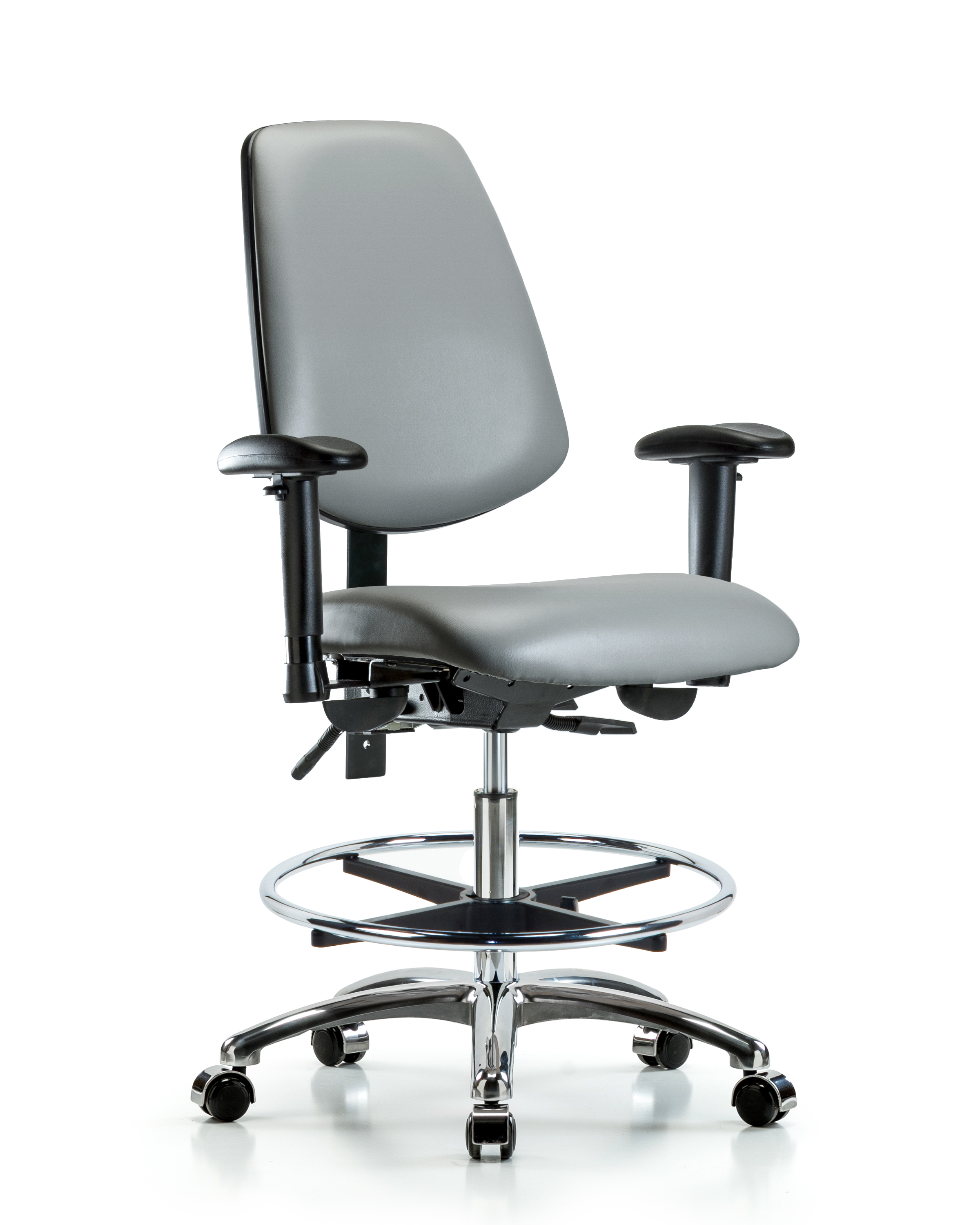 Rutledge Vinyl Chair Chrome - Medium Bench Height with Medium Back, Adjustable Arms, Chrome Foot Ring, & Casters in Sterling Supernova Vinyl