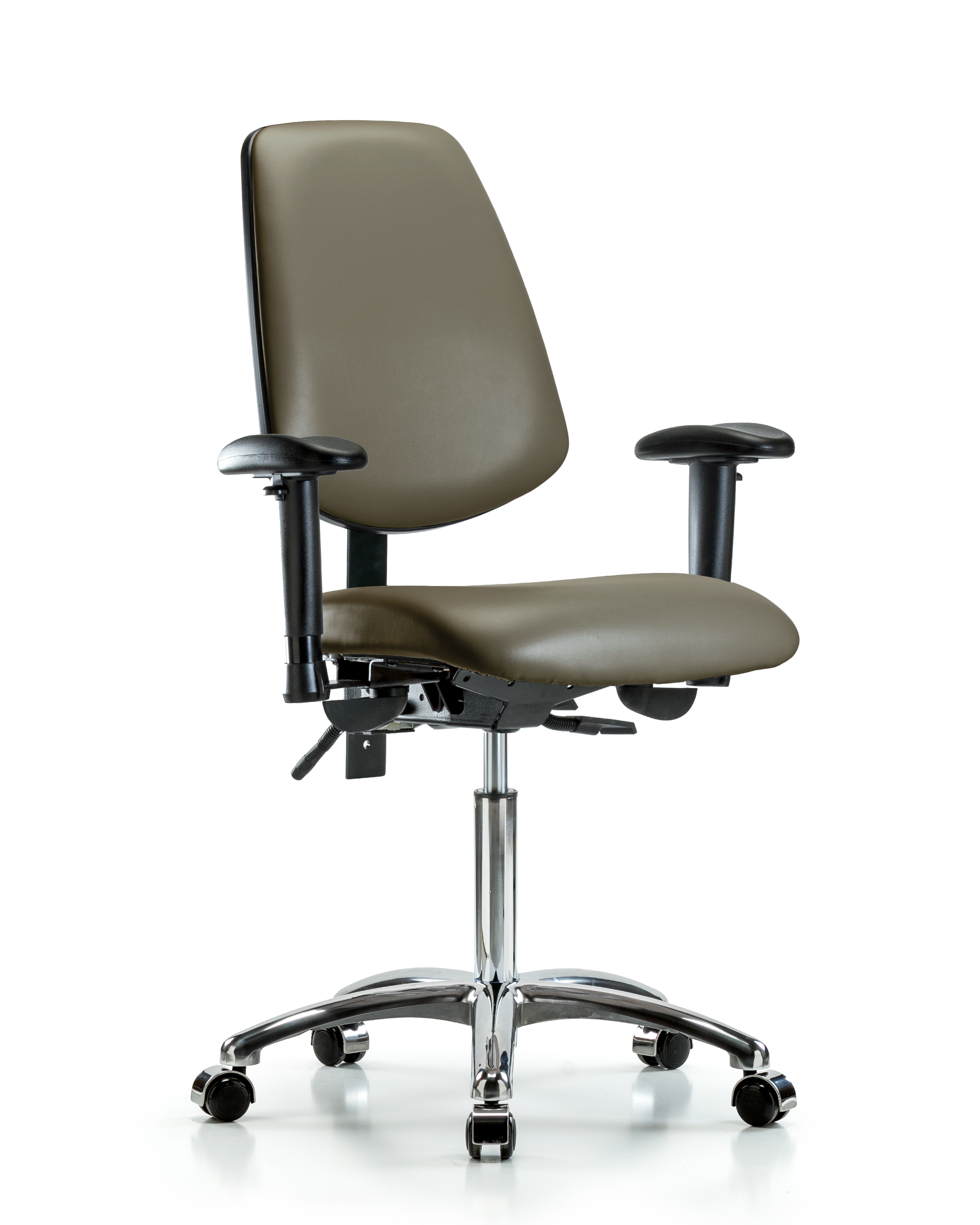 Rutledge Vinyl Chair Chrome - Medium Bench Height with Medium Back, Adjustable Arms, & Casters in Taupe Supernova Vinyl
