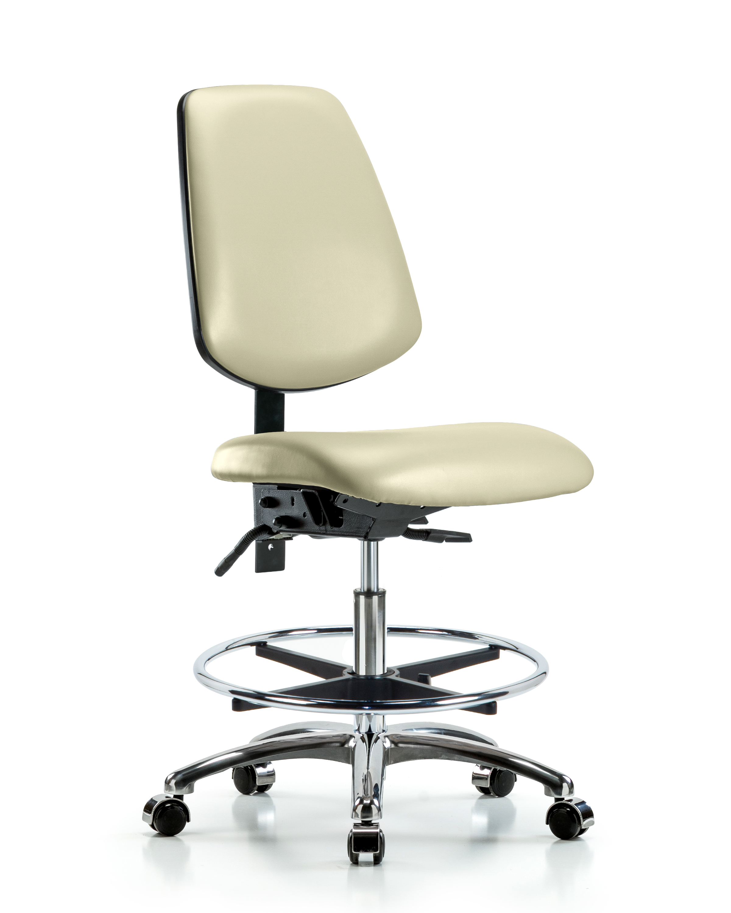Rutledge Vinyl Chair Chrome - Medium Bench Height with Medium Back, Seat Tilt, Chrome Foot Ring, & Casters in Adobe White Trailblazer Vinyl