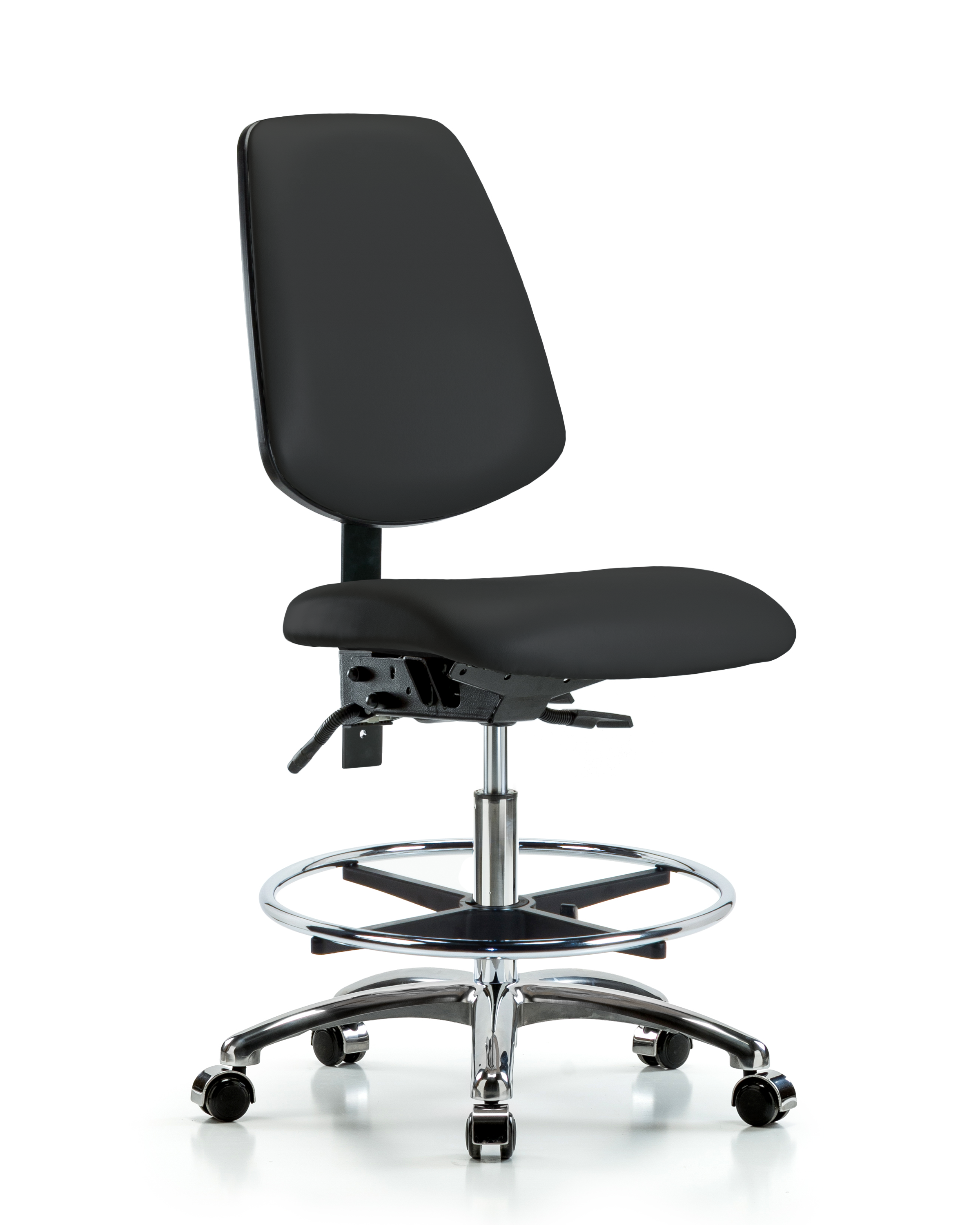 Rutledge Vinyl Chair Chrome - Medium Bench Height with Medium Back, Seat Tilt, Chrome Foot Ring, & Casters in Black Trailblazer Vinyl