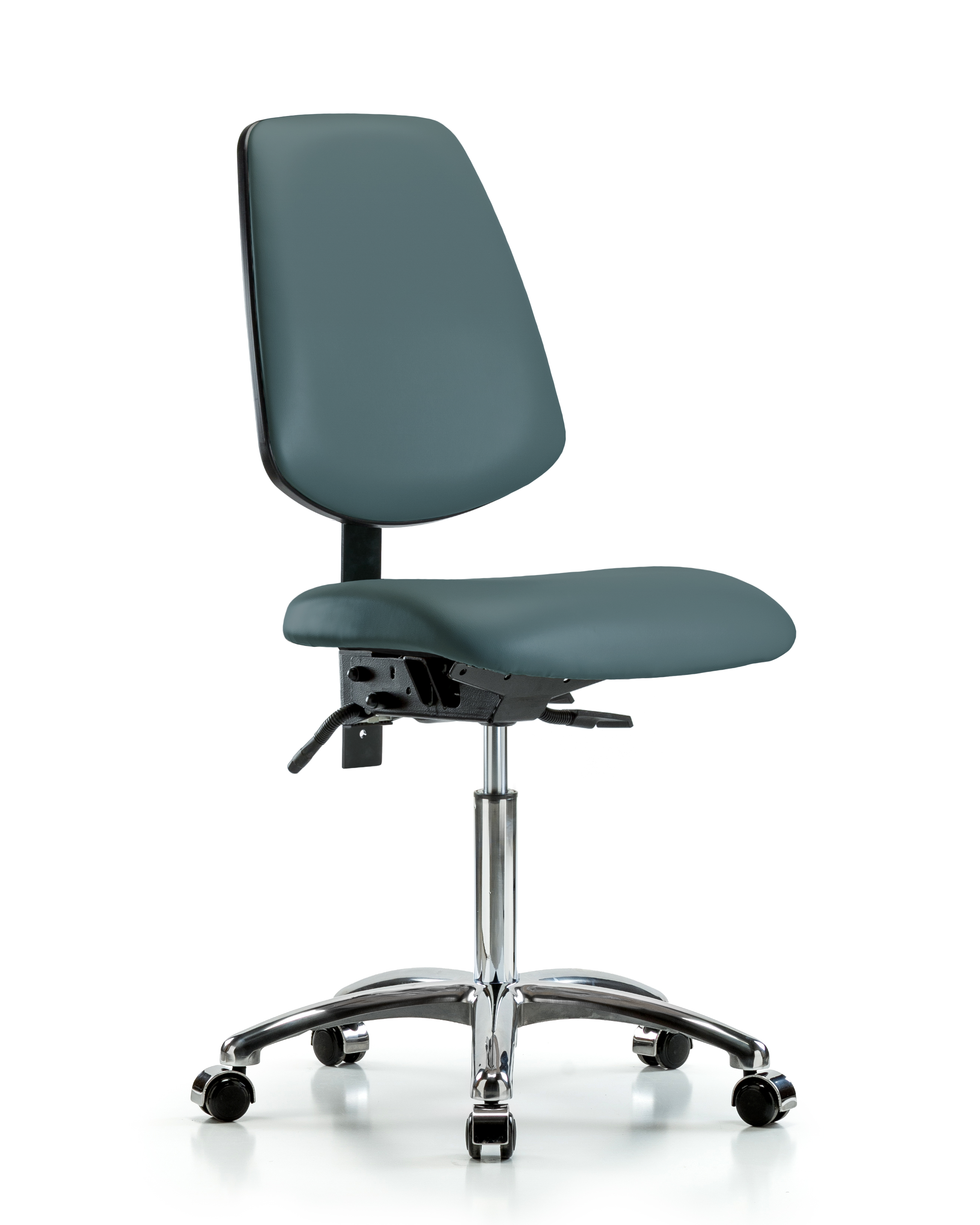 Rutledge Vinyl Chair Chrome - Medium Bench Height with Medium Back, Seat Tilt, & Casters in Colonial Blue Trailblazer Vinyl