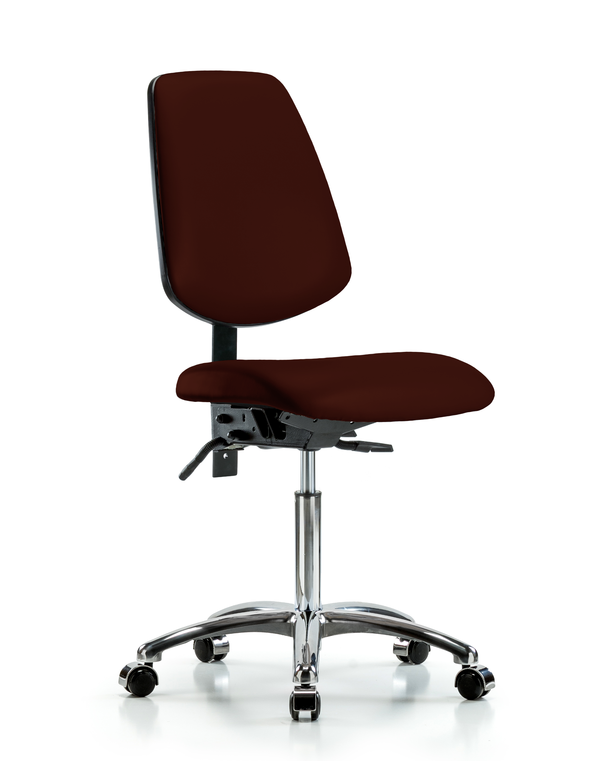 Rutledge Vinyl Chair Chrome - Medium Bench Height with Medium Back, Seat Tilt, & Casters in Burgundy Trailblazer Vinyl