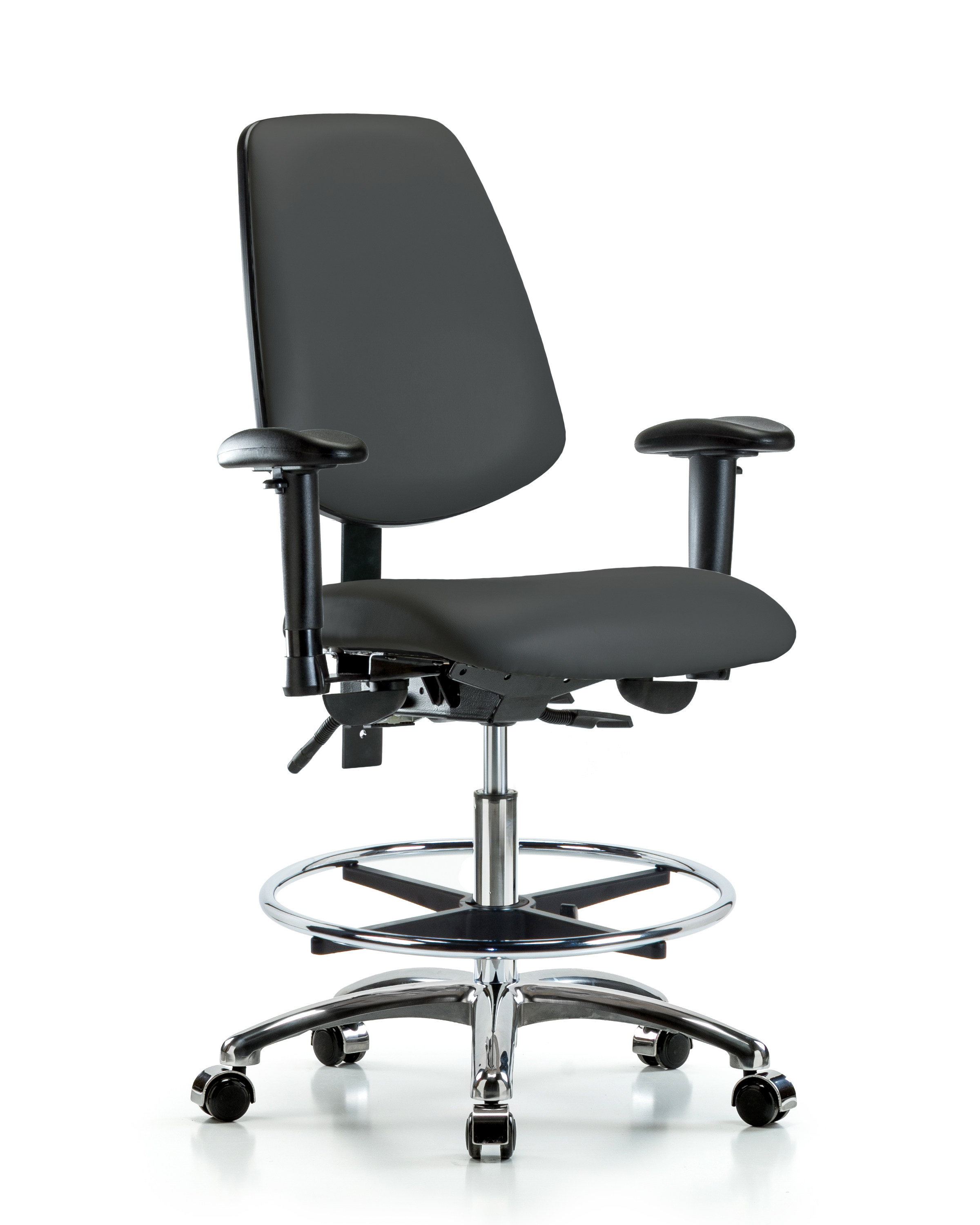 Rutledge Vinyl Chair Chrome - Medium Bench Height with Medium Back, Seat Tilt, Adjustable Arms, Chrome Foot Ring, & Casters in Charcoal Trailblazer Vinyl