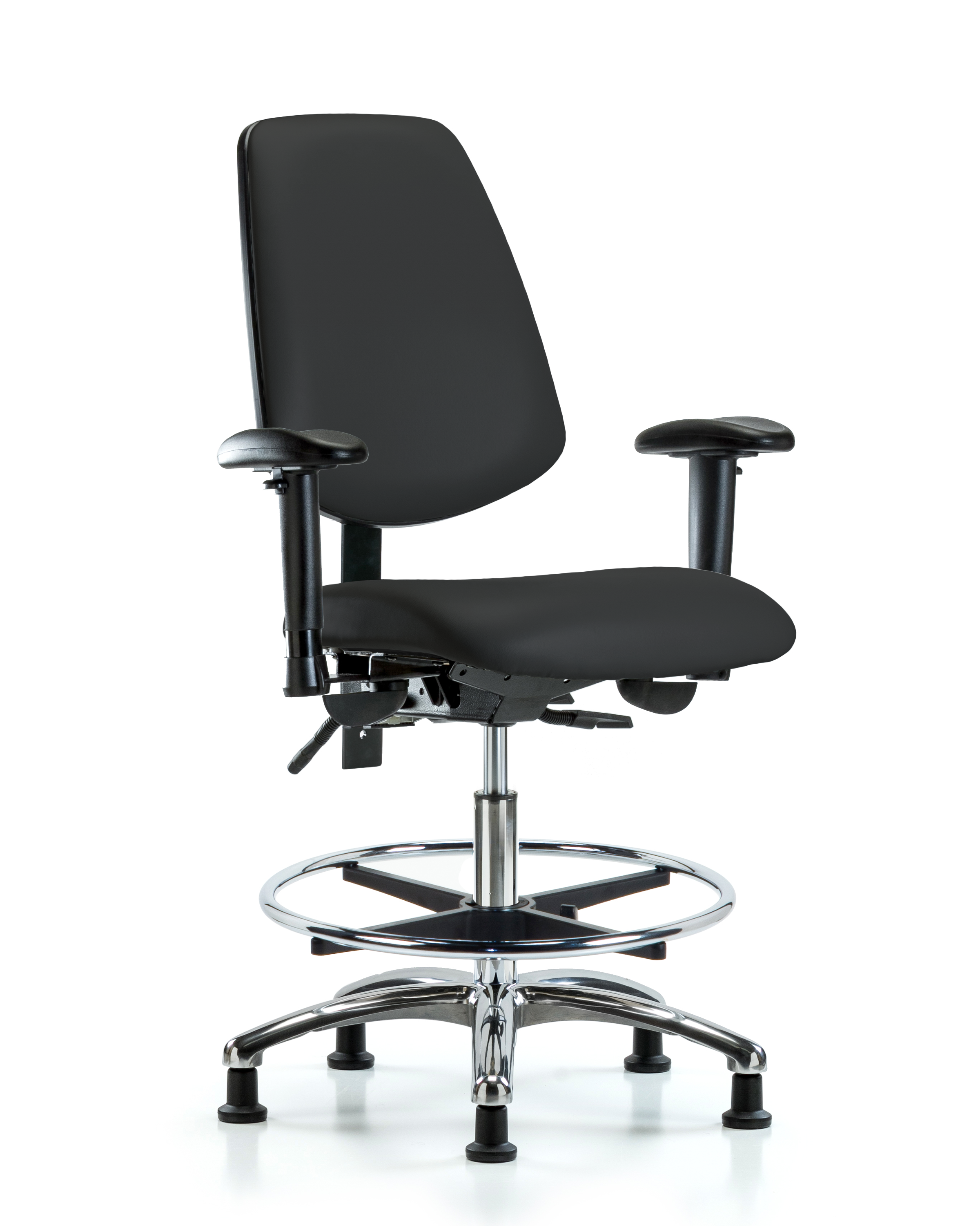 Rutledge Vinyl Chair Chrome - Medium Bench Height with Medium Back, Seat Tilt, Adjustable Arms, Chrome Foot Ring, & Stationary Glides in Black Trailblazer Vinyl