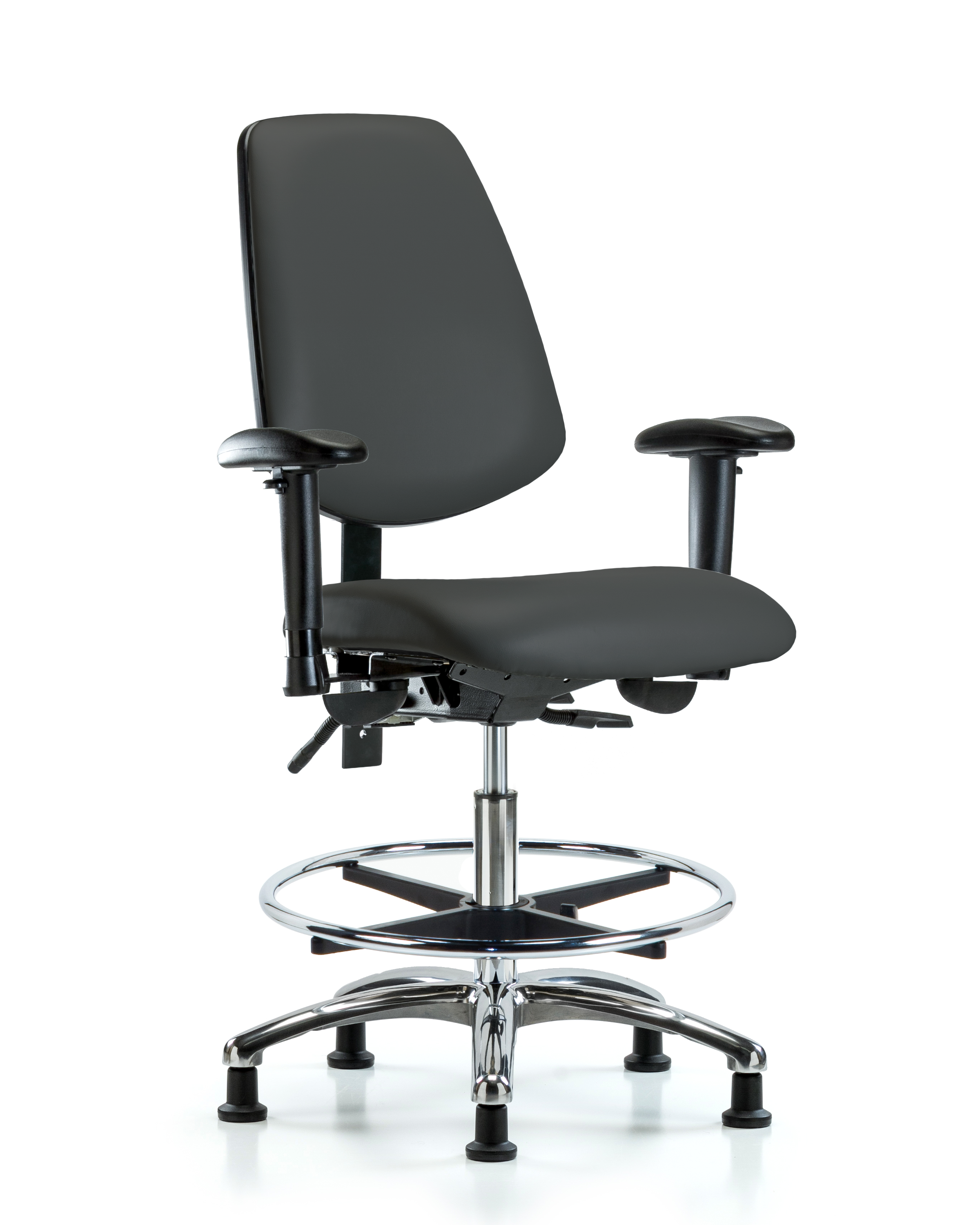 Rutledge Vinyl Chair Chrome - Medium Bench Height with Medium Back, Seat Tilt, Adjustable Arms, Chrome Foot Ring, & Stationary Glides in Charcoal Trailblazer Vinyl
