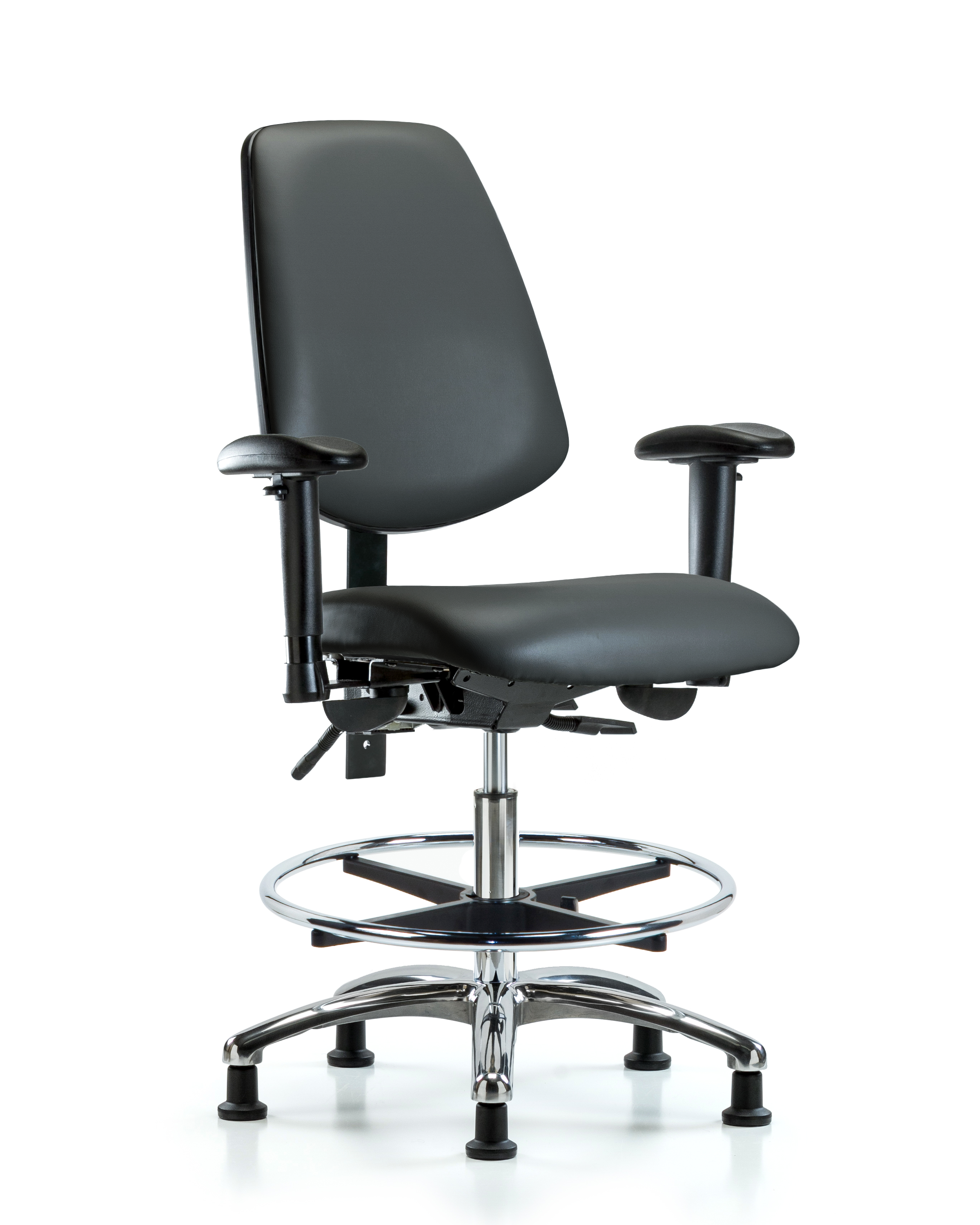 Rutledge Vinyl Chair Chrome - Medium Bench Height with Medium Back, Seat Tilt, Adjustable Arms, Chrome Foot Ring, & Stationary Glides in Carbon Supernova Vinyl