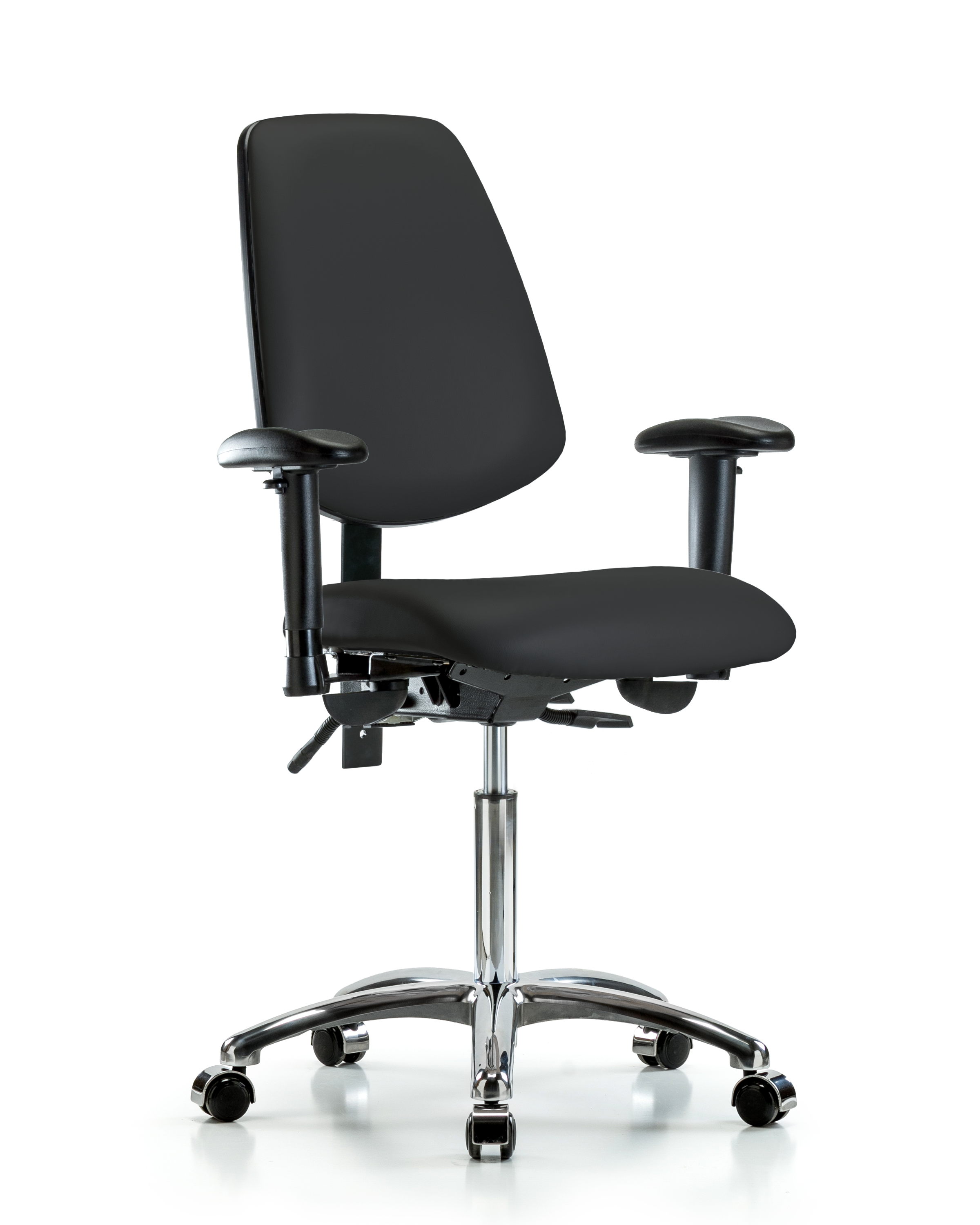Rutledge Vinyl Chair Chrome - Medium Bench Height with Medium Back, Seat Tilt, Adjustable Arms, & Casters in Black Trailblazer Vinyl