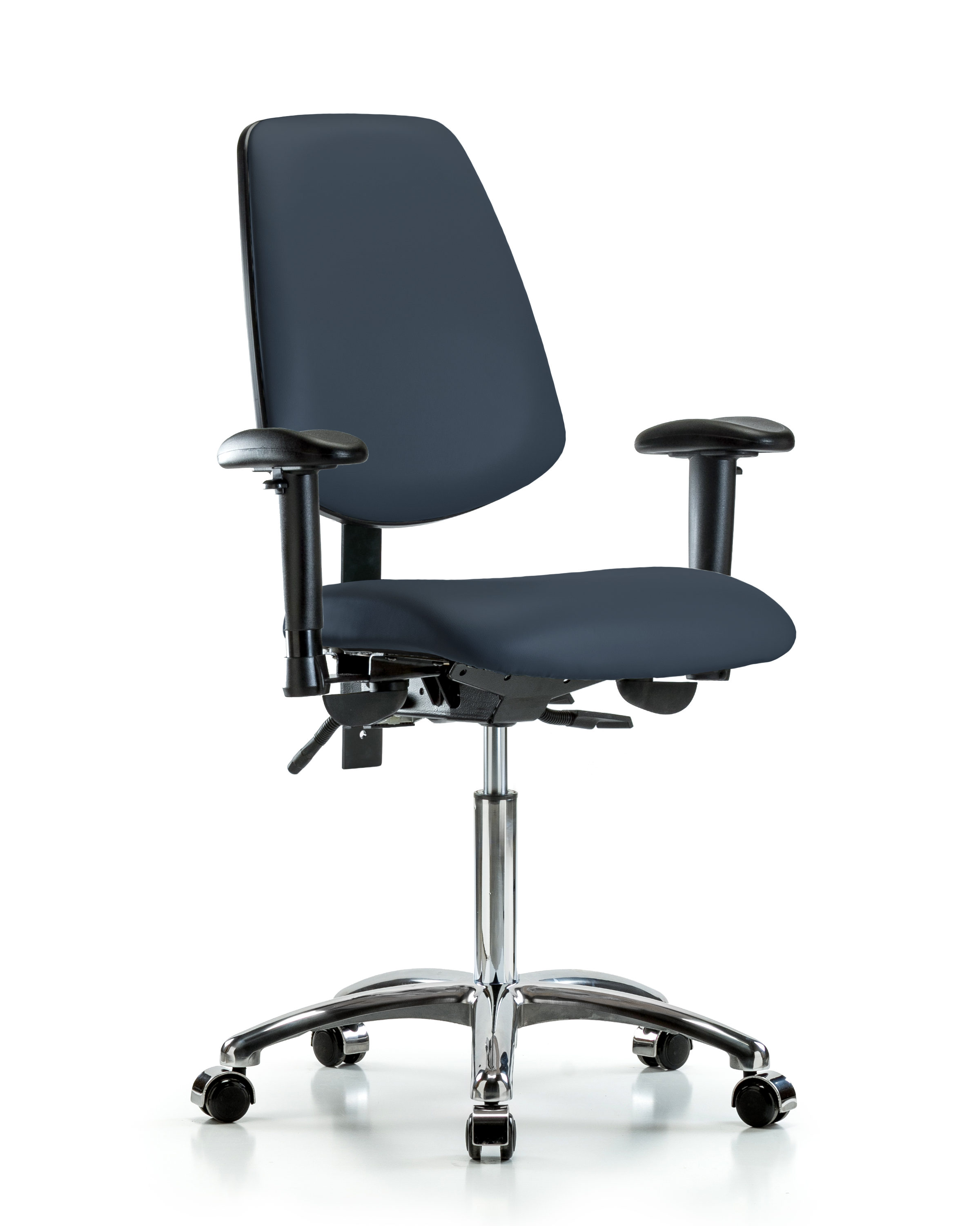 Rutledge Vinyl Chair Chrome - Medium Bench Height with Medium Back, Seat Tilt, Adjustable Arms, & Casters in Imperial Blue Trailblazer Vinyl