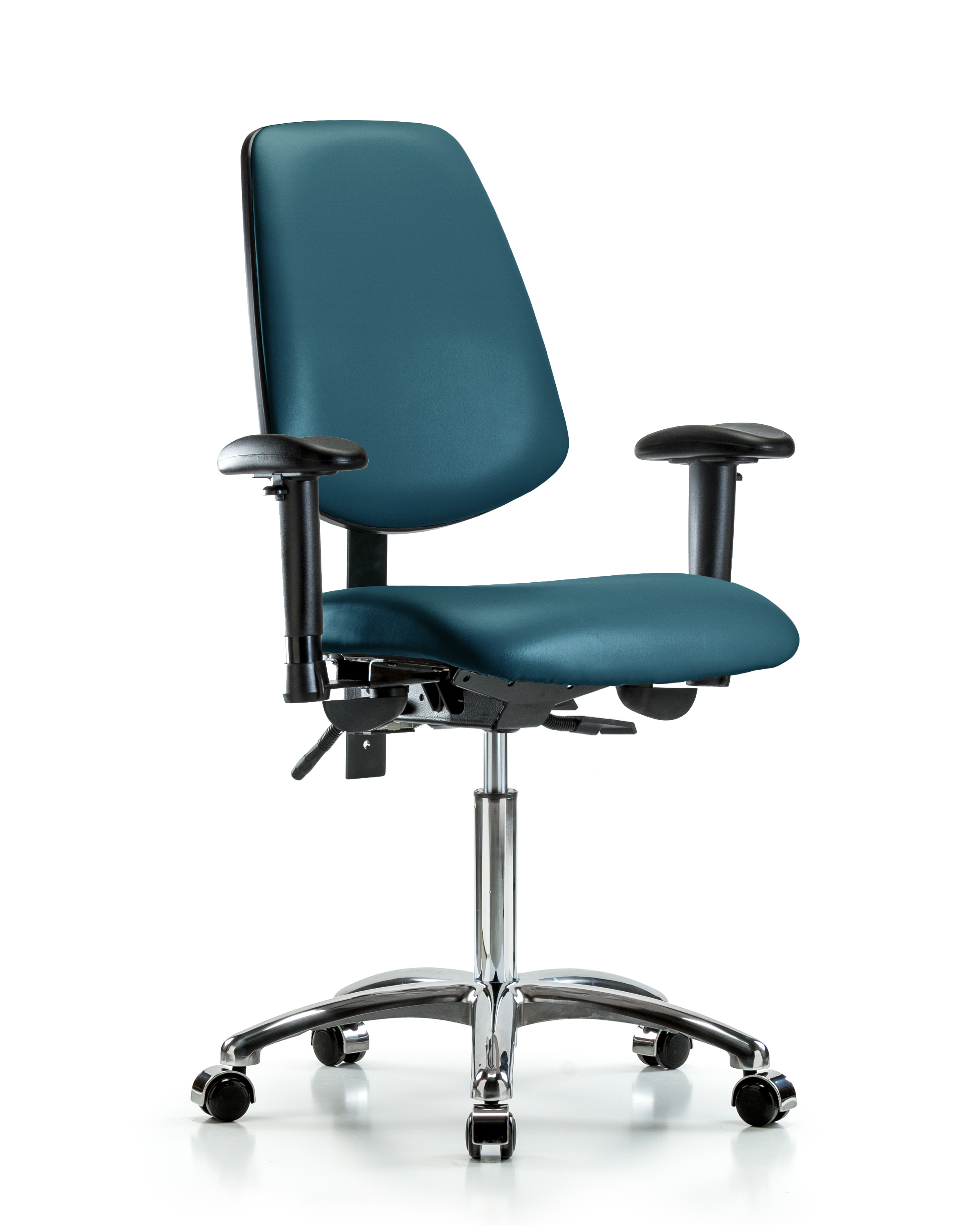 Rutledge Vinyl Chair Chrome - Medium Bench Height with Medium Back, Seat Tilt, Adjustable Arms, & Casters in Marine Blue Supernova Vinyl