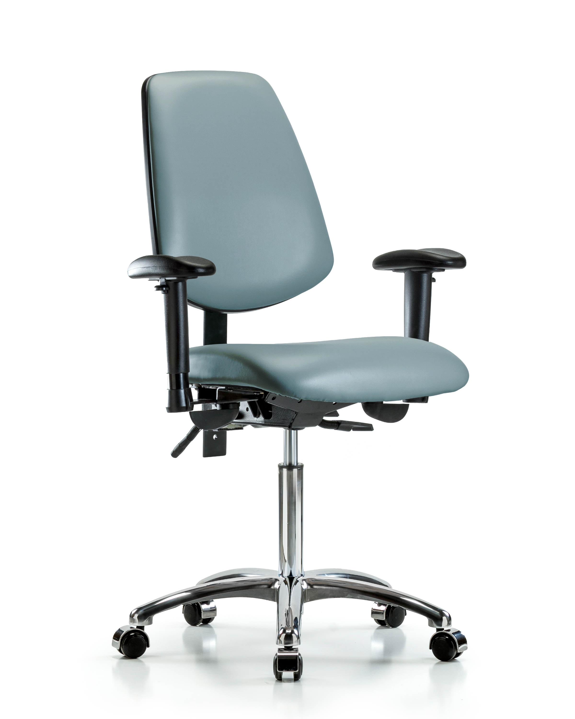 Rutledge Vinyl Chair Chrome - Medium Bench Height with Medium Back, Seat Tilt, Adjustable Arms, & Casters in Storm Supernova Vinyl