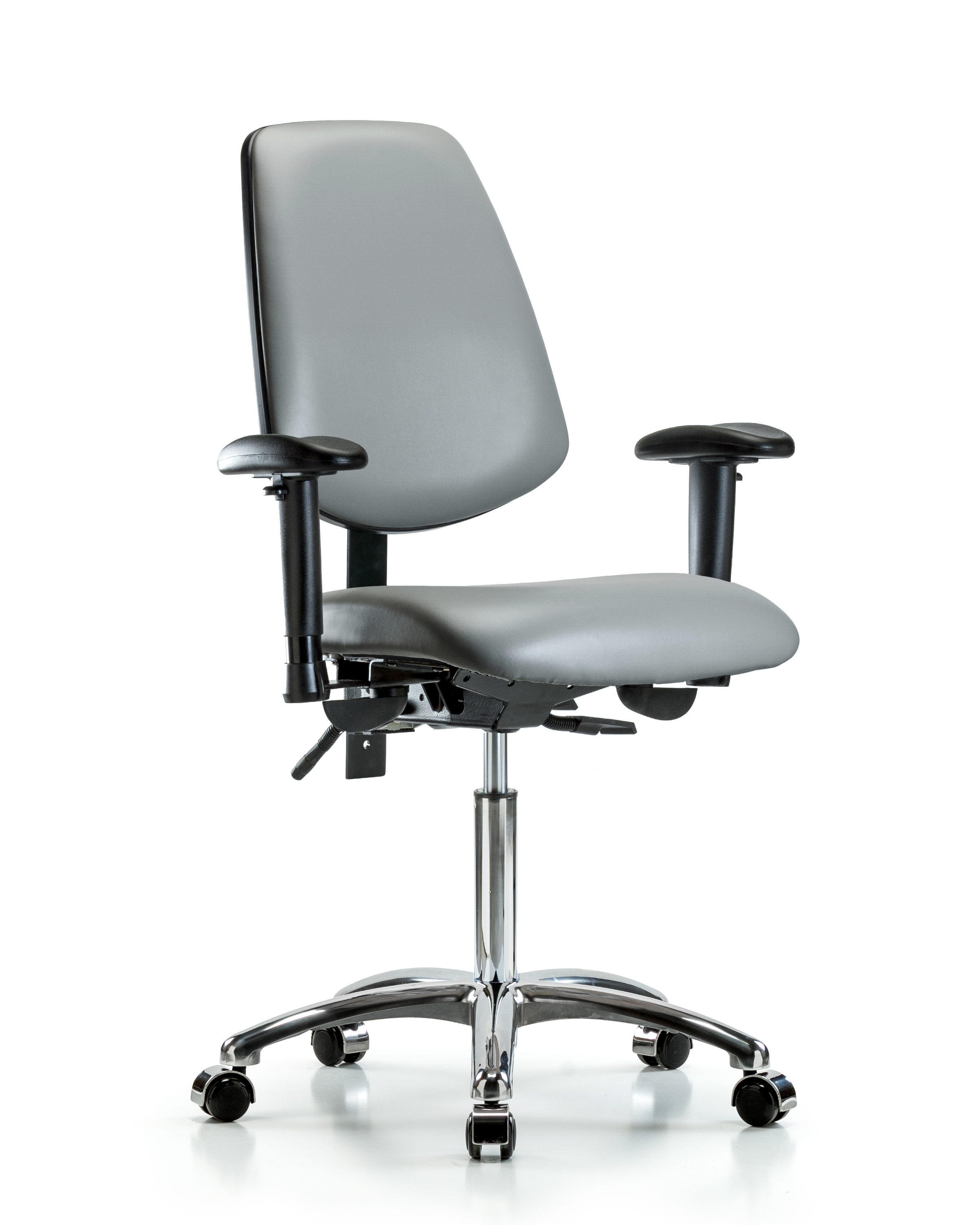 Rutledge Vinyl Chair Chrome - Medium Bench Height with Medium Back, Seat Tilt, Adjustable Arms, & Casters in Sterling Supernova Vinyl