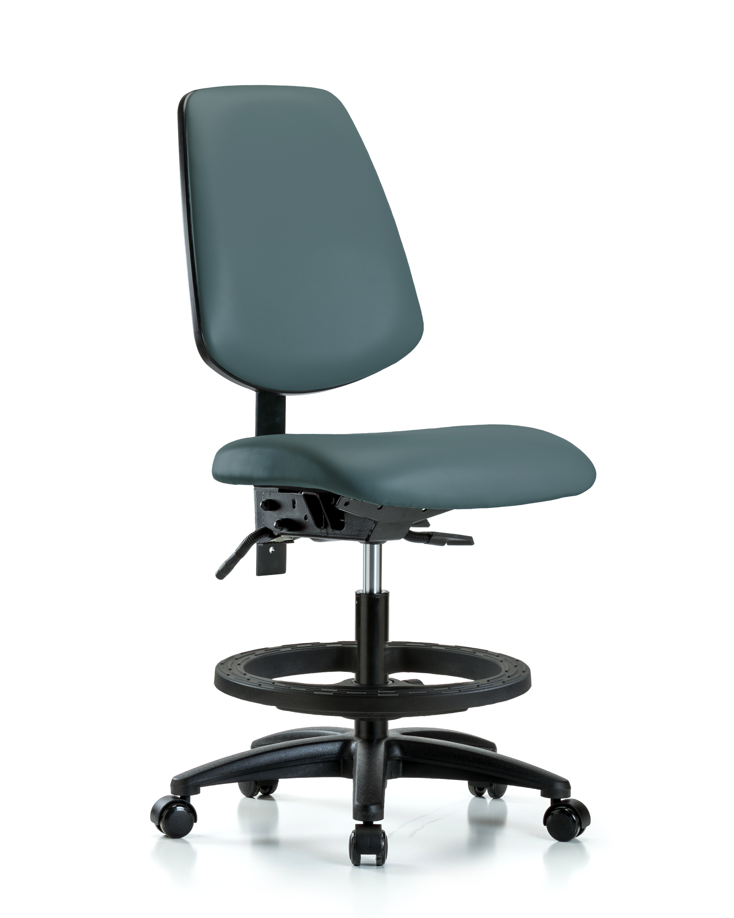 Rutledge Vinyl Chair - Medium Bench Height with Medium Back, Black Foot Ring, & Casters in Colonial Blue Trailblazer Vinyl