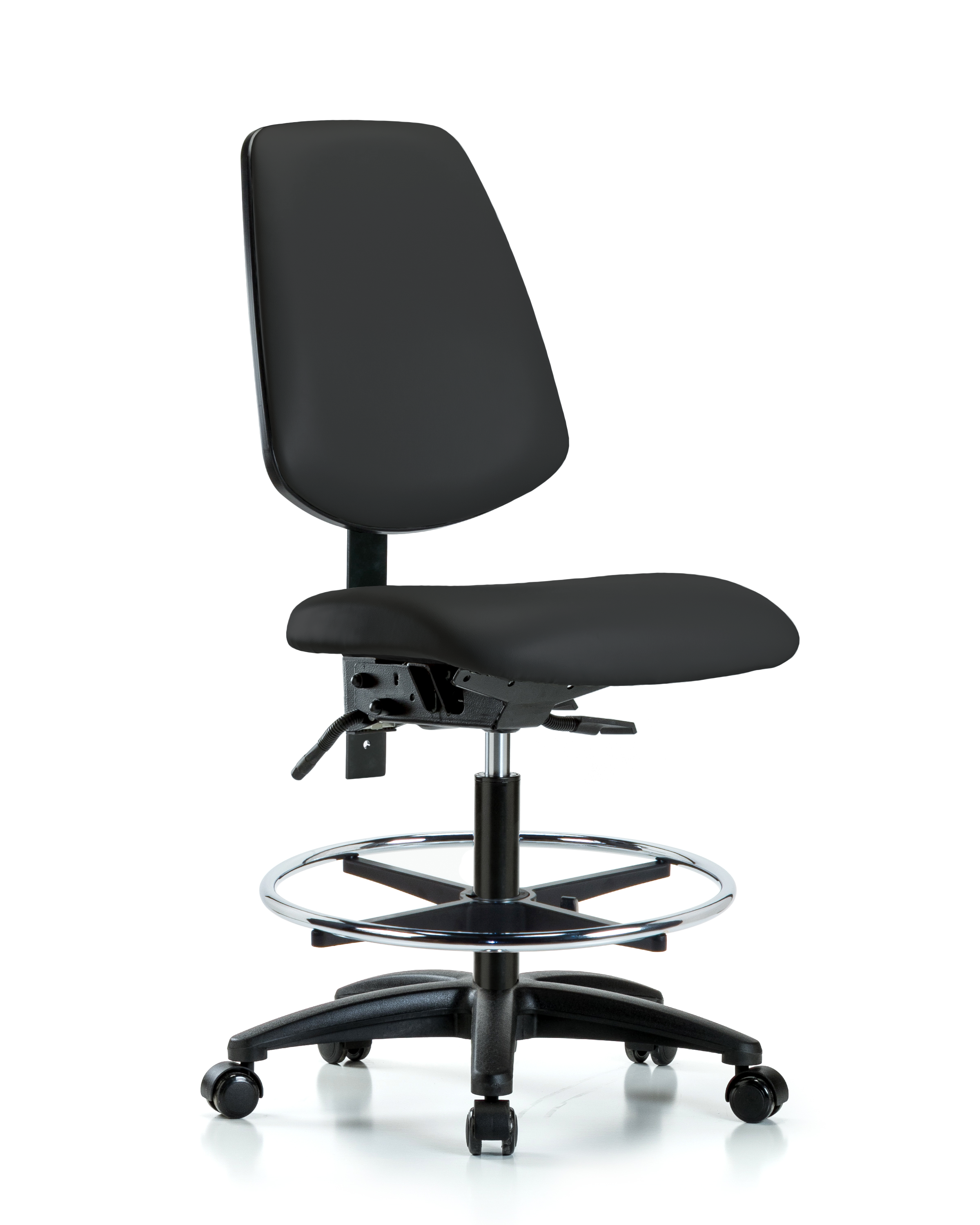 Rutledge Vinyl Chair - Medium Bench Height with Medium Back, Chrome Foot Ring, & Casters in Black Trailblazer Vinyl