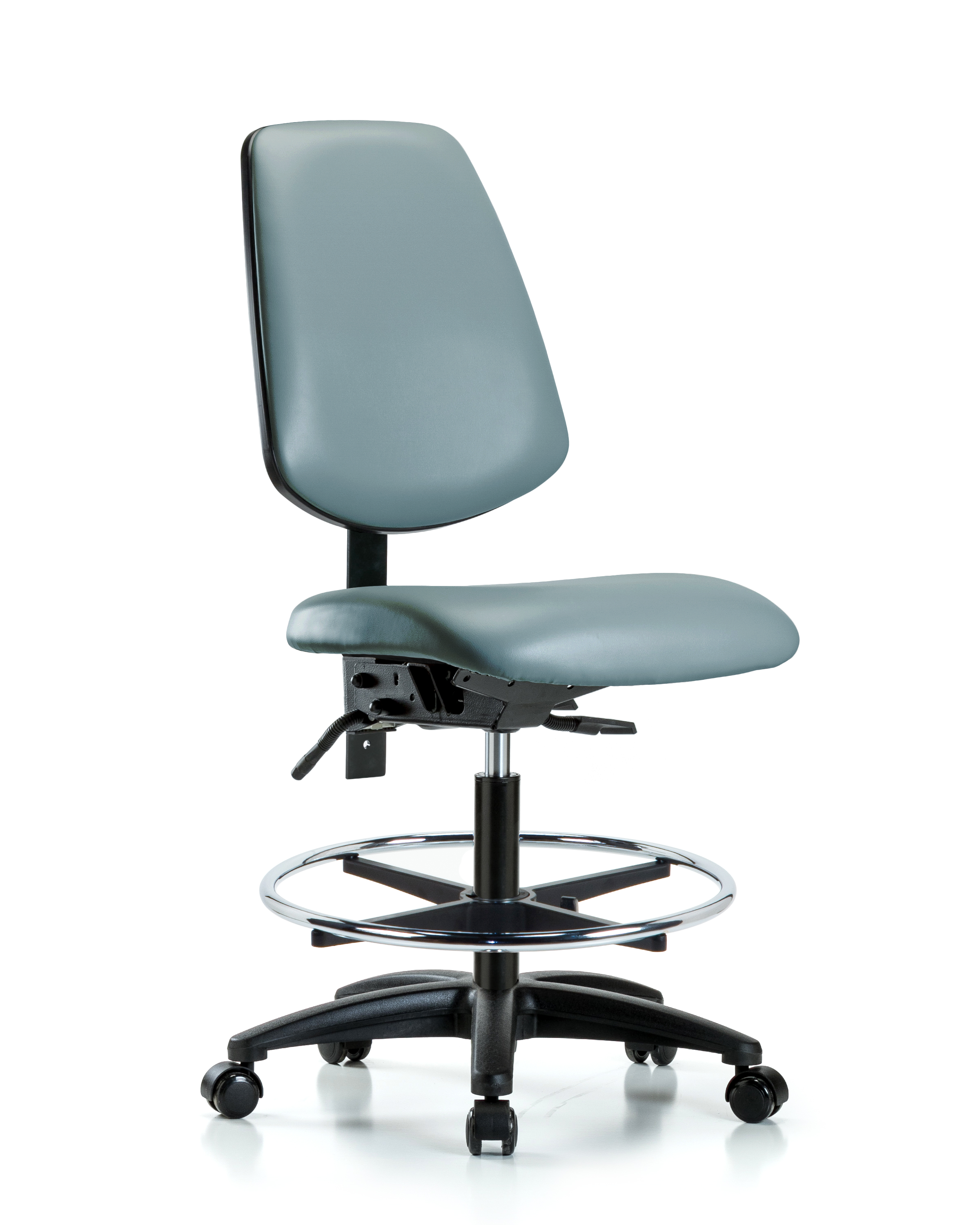 Rutledge Vinyl Chair - Medium Bench Height with Medium Back, Chrome Foot Ring, & Casters in Storm Supernova Vinyl