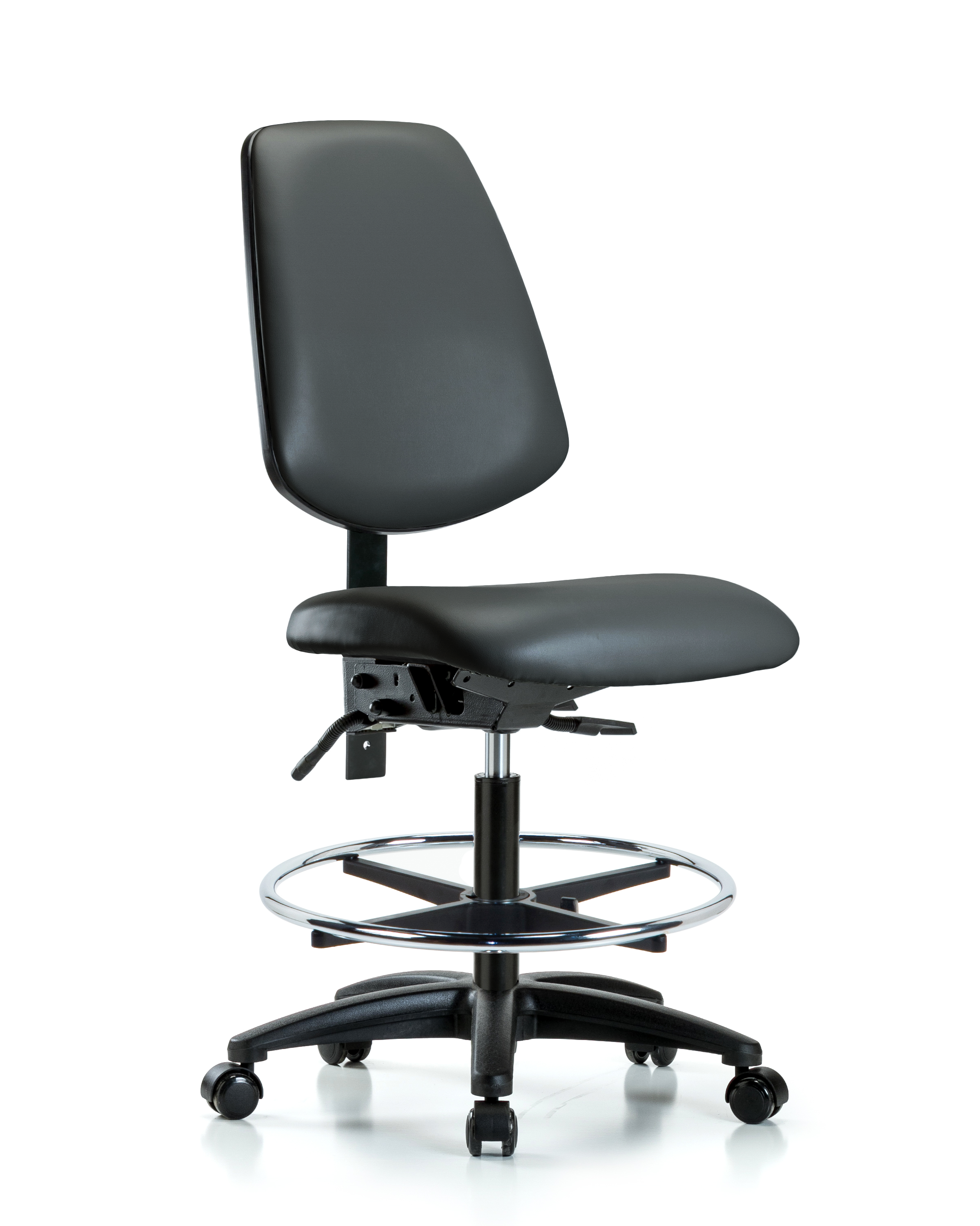 Rutledge Vinyl Chair - Medium Bench Height with Medium Back, Chrome Foot Ring, & Casters in Carbon Supernova Vinyl