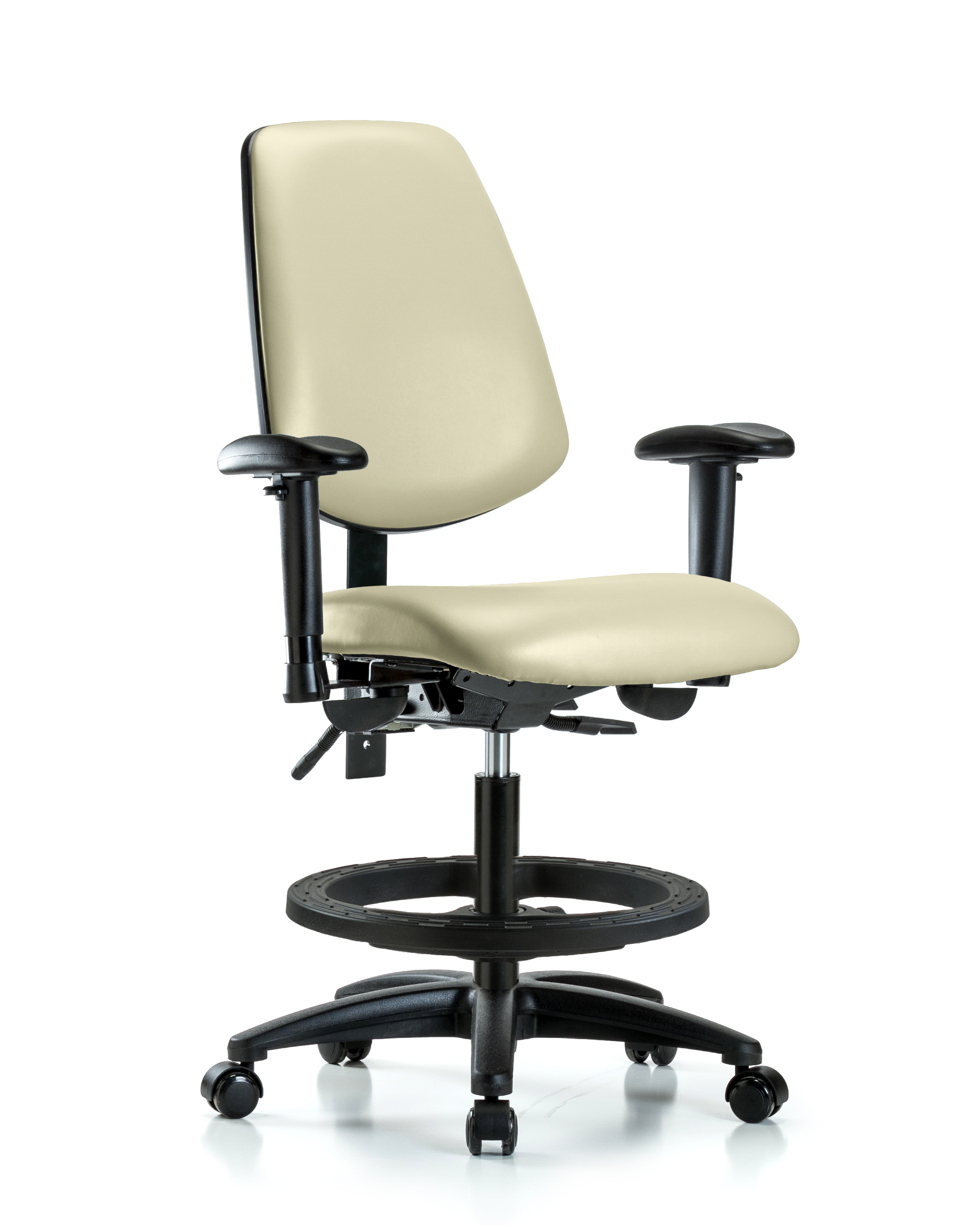 Rutledge Vinyl Chair - Medium Bench Height with Medium Back, Adjustable Arms, Black Foot Ring, & Casters in Adobe White Trailblazer Vinyl