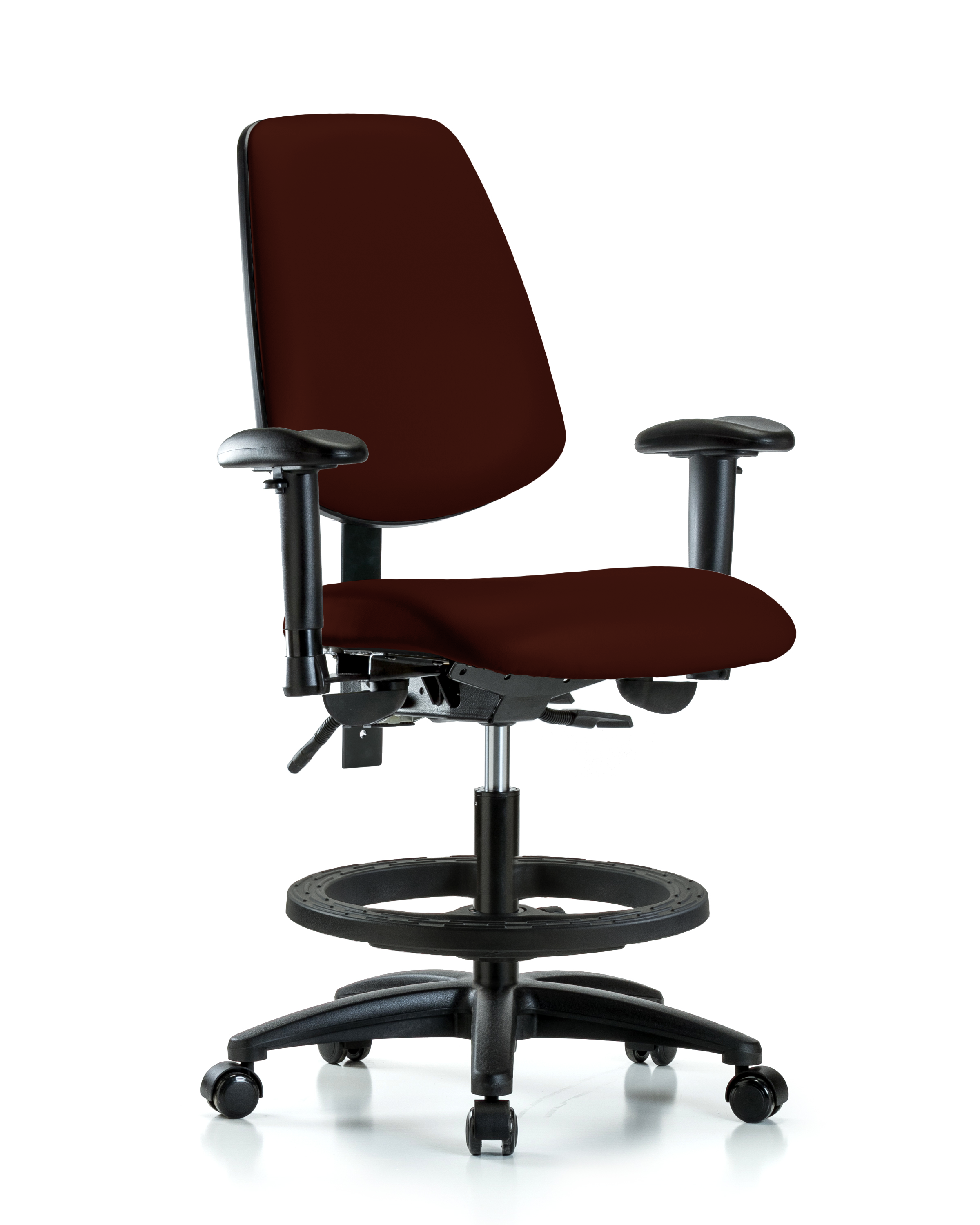 Rutledge Vinyl Chair - Medium Bench Height with Medium Back, Adjustable Arms, Black Foot Ring, & Casters in Burgundy Trailblazer Vinyl