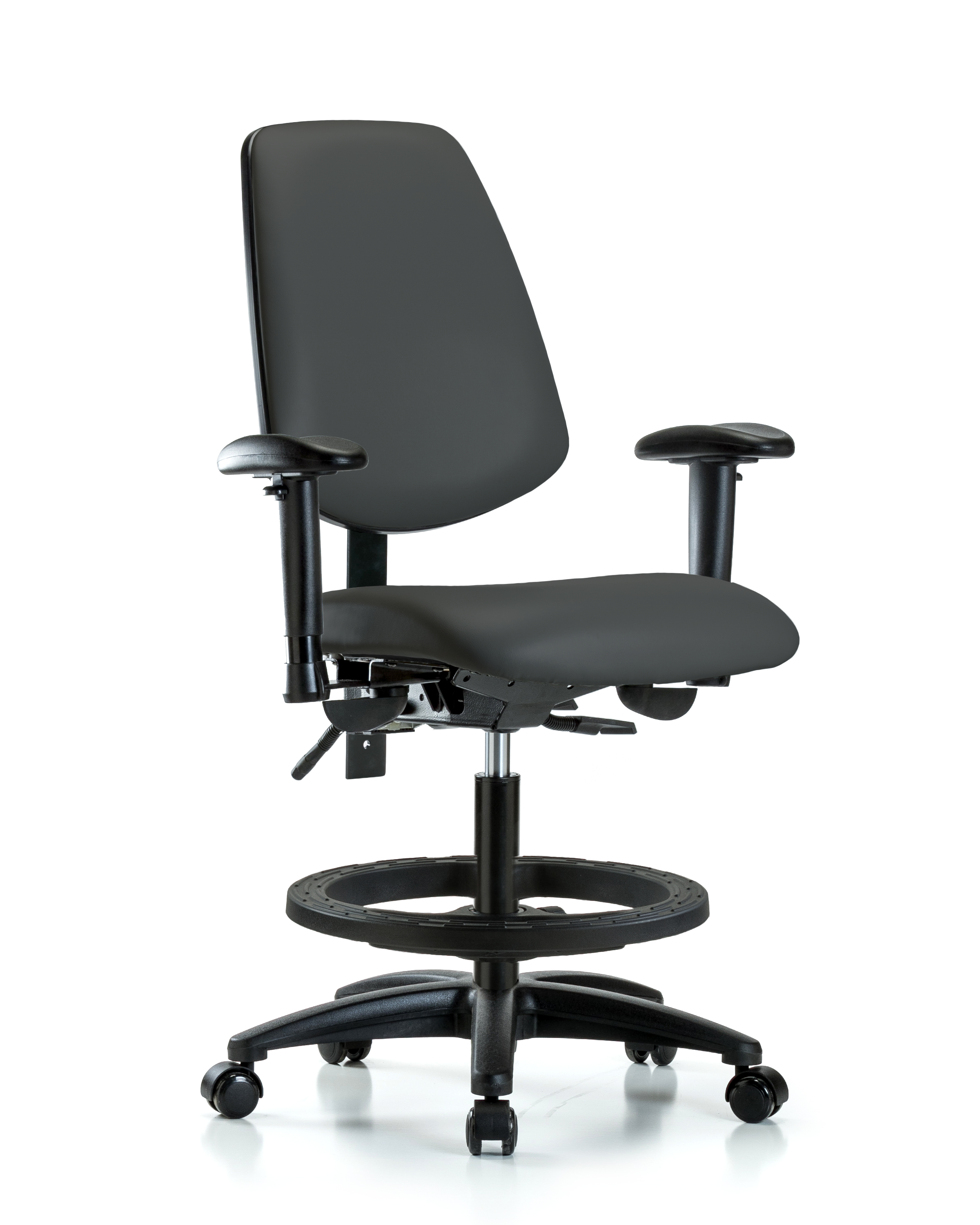 Rutledge Vinyl Chair - Medium Bench Height with Medium Back, Adjustable Arms, Black Foot Ring, & Casters in Charcoal Trailblazer Vinyl