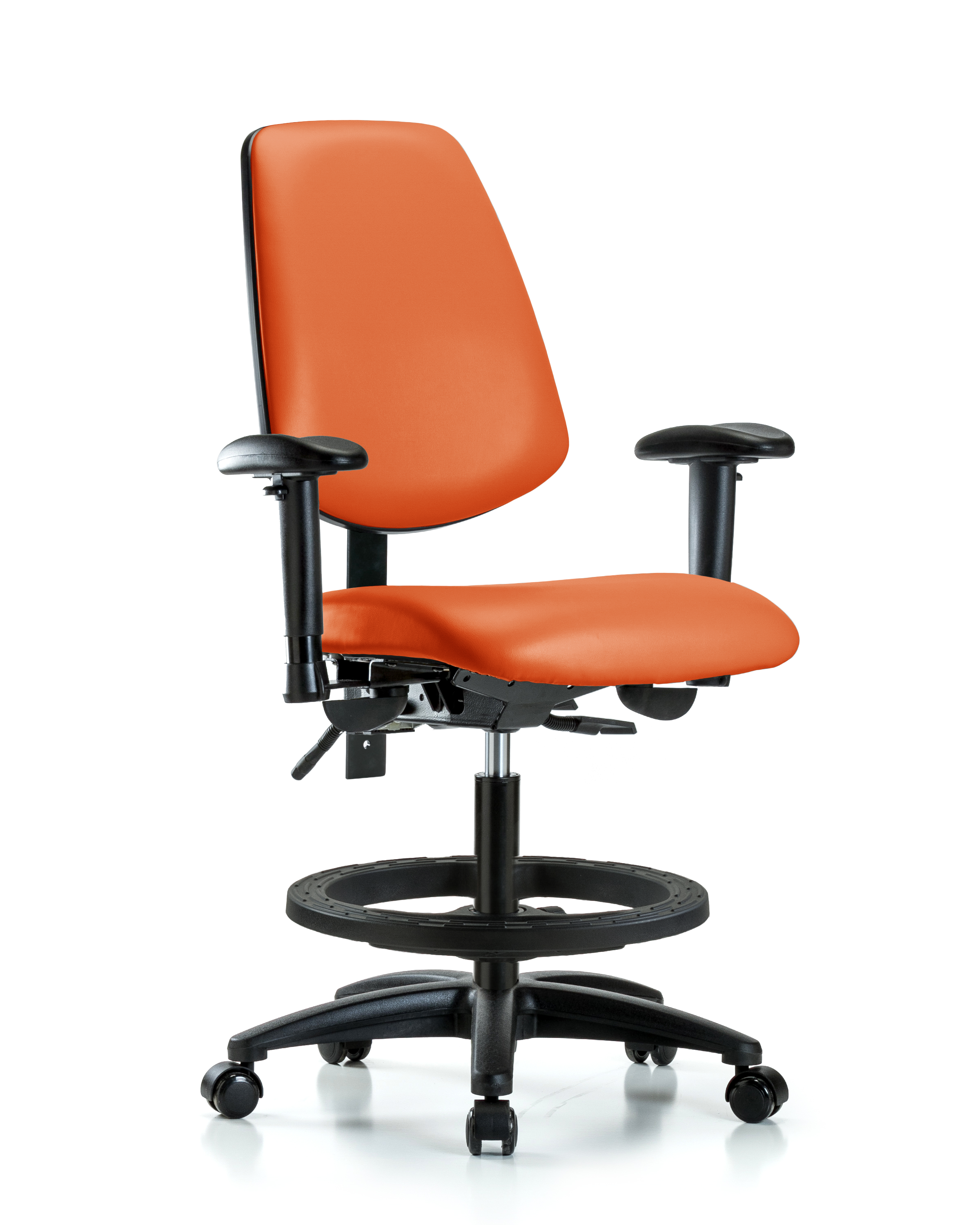 Rutledge Vinyl Chair - Medium Bench Height with Medium Back, Adjustable Arms, Black Foot Ring, & Casters in Orange Kist Trailblazer Vinyl