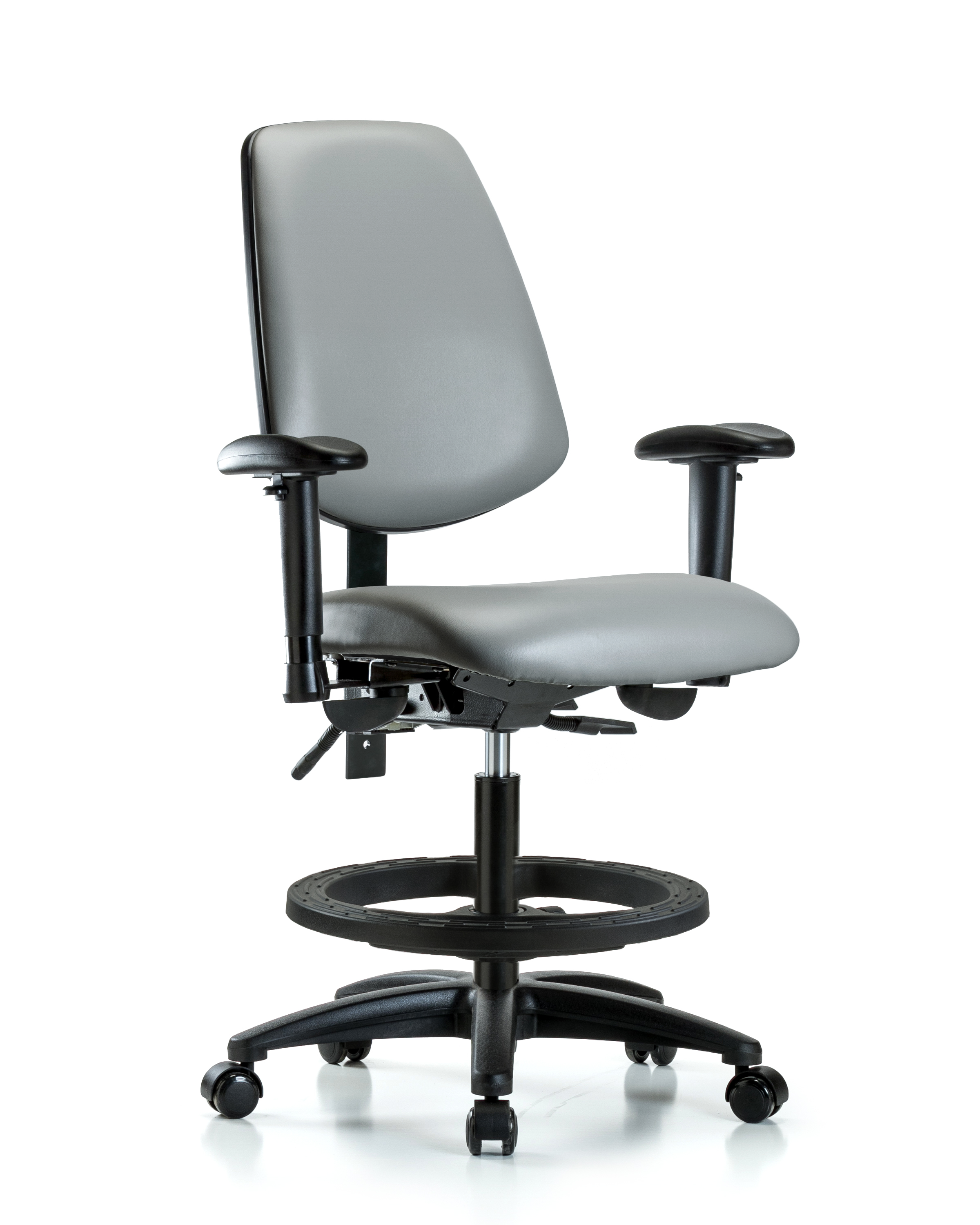 Rutledge Vinyl Chair - Medium Bench Height with Medium Back, Adjustable Arms, Black Foot Ring, & Casters in Sterling Supernova Vinyl