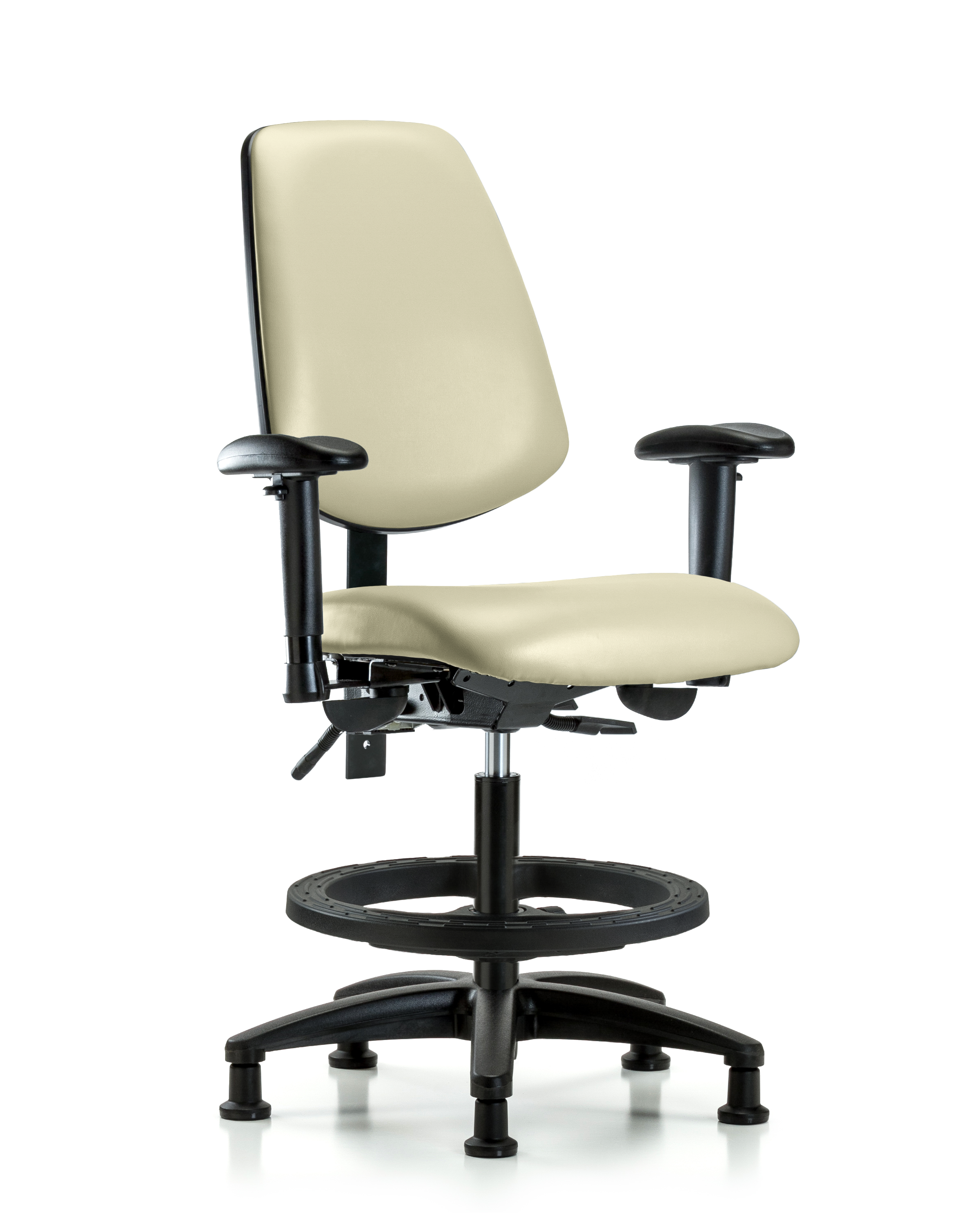 Rutledge Vinyl Chair - Medium Bench Height with Medium Back, Adjustable Arms, Black Foot Ring, & Stationary Glides in Adobe White Trailblazer Vinyl