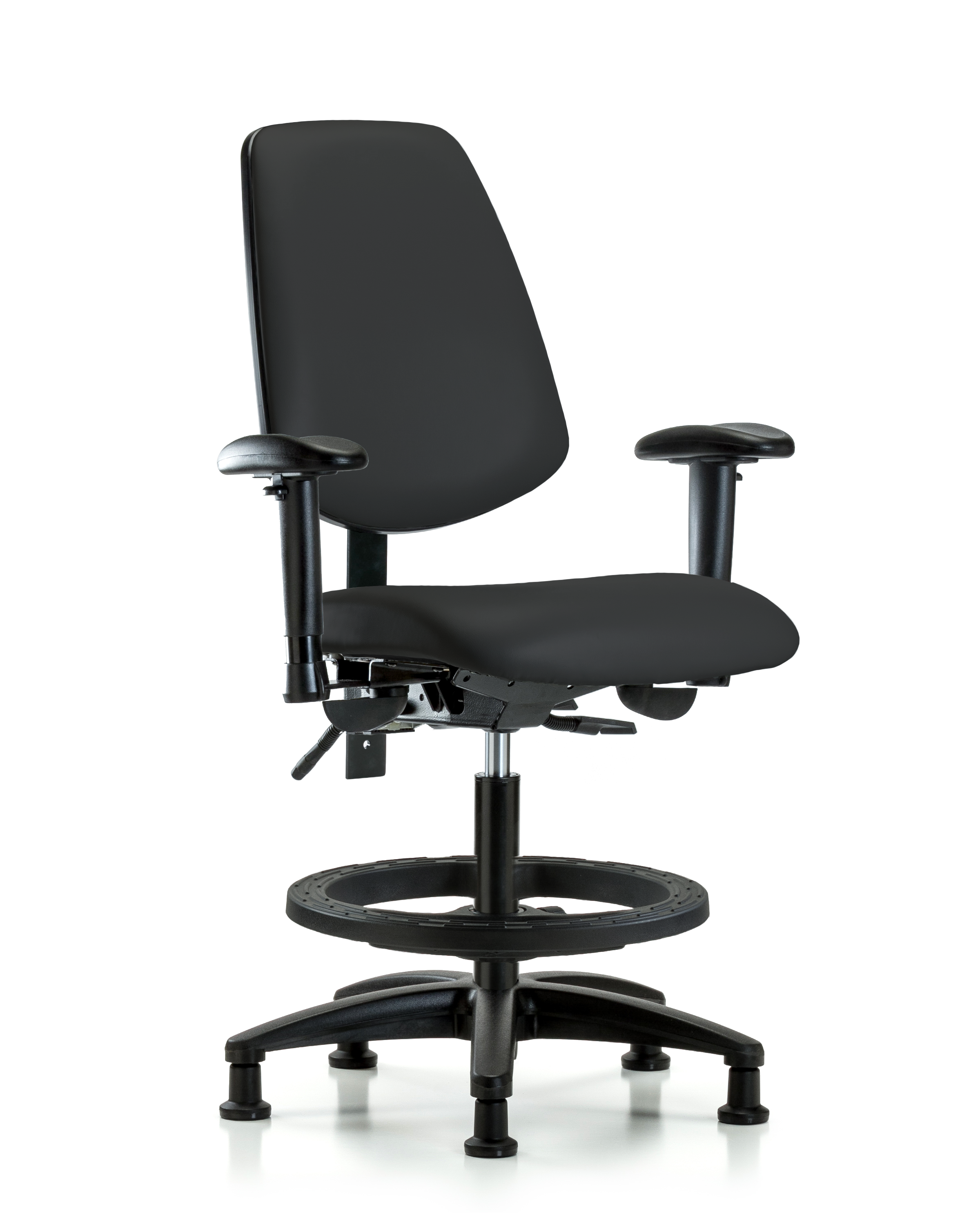 Rutledge Vinyl Chair - Medium Bench Height with Medium Back, Adjustable Arms, Black Foot Ring, & Stationary Glides in Black Trailblazer Vinyl