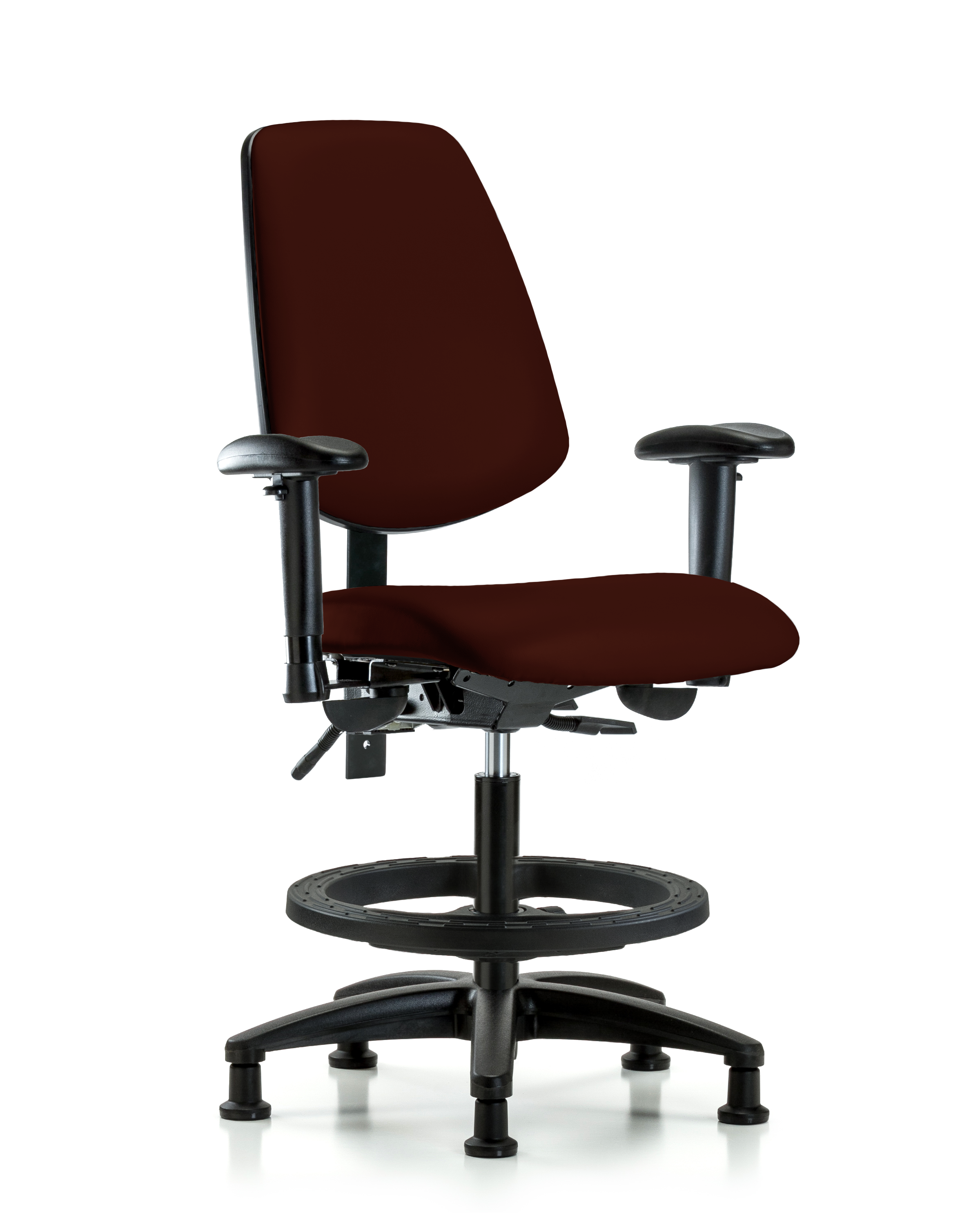 Rutledge Vinyl Chair - Medium Bench Height with Medium Back, Adjustable Arms, Black Foot Ring, & Stationary Glides in Burgundy Trailblazer Vinyl