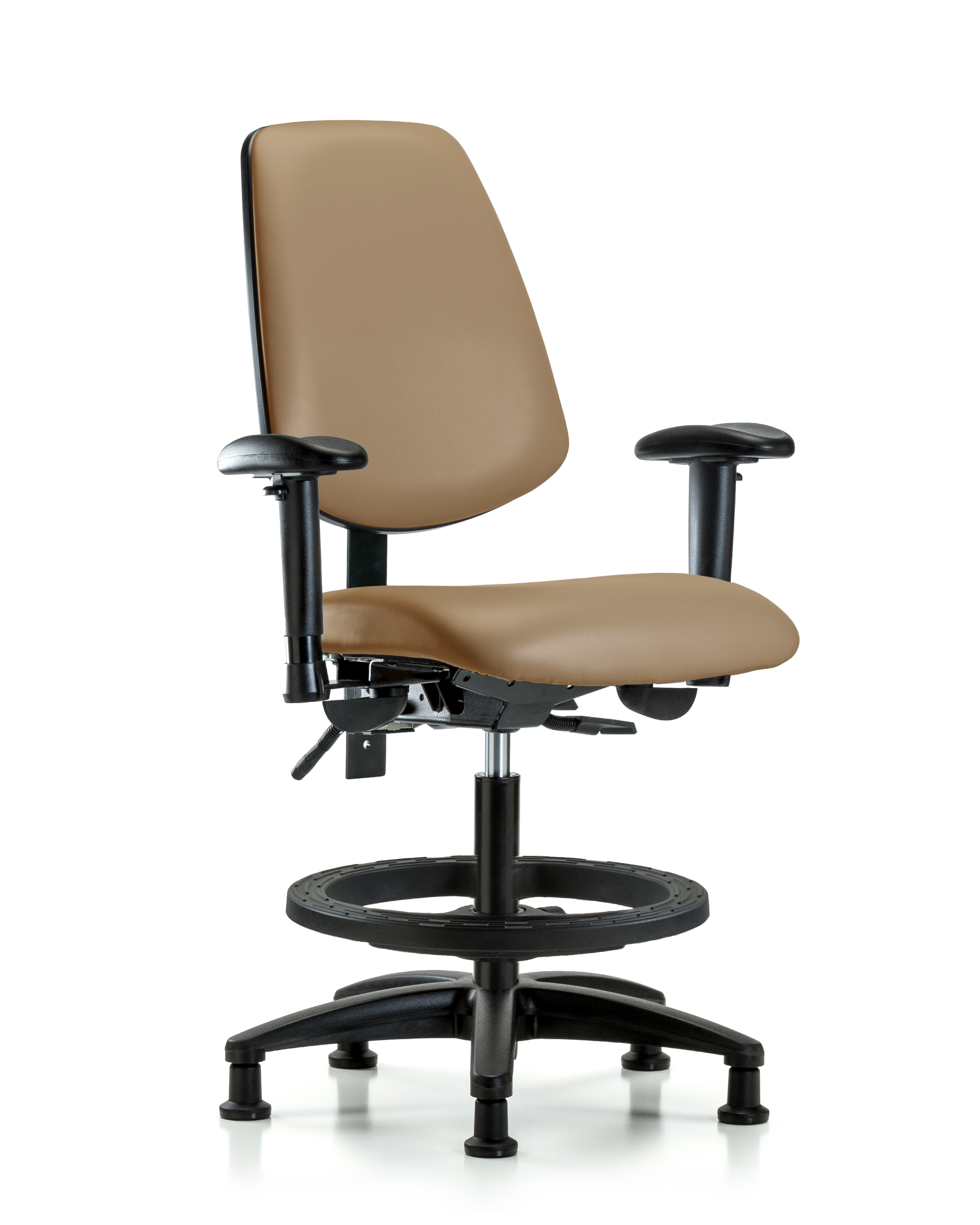 Rutledge Vinyl Chair - Medium Bench Height with Medium Back, Adjustable Arms, Black Foot Ring, & Stationary Glides in Taupe Trailblazer Vinyl