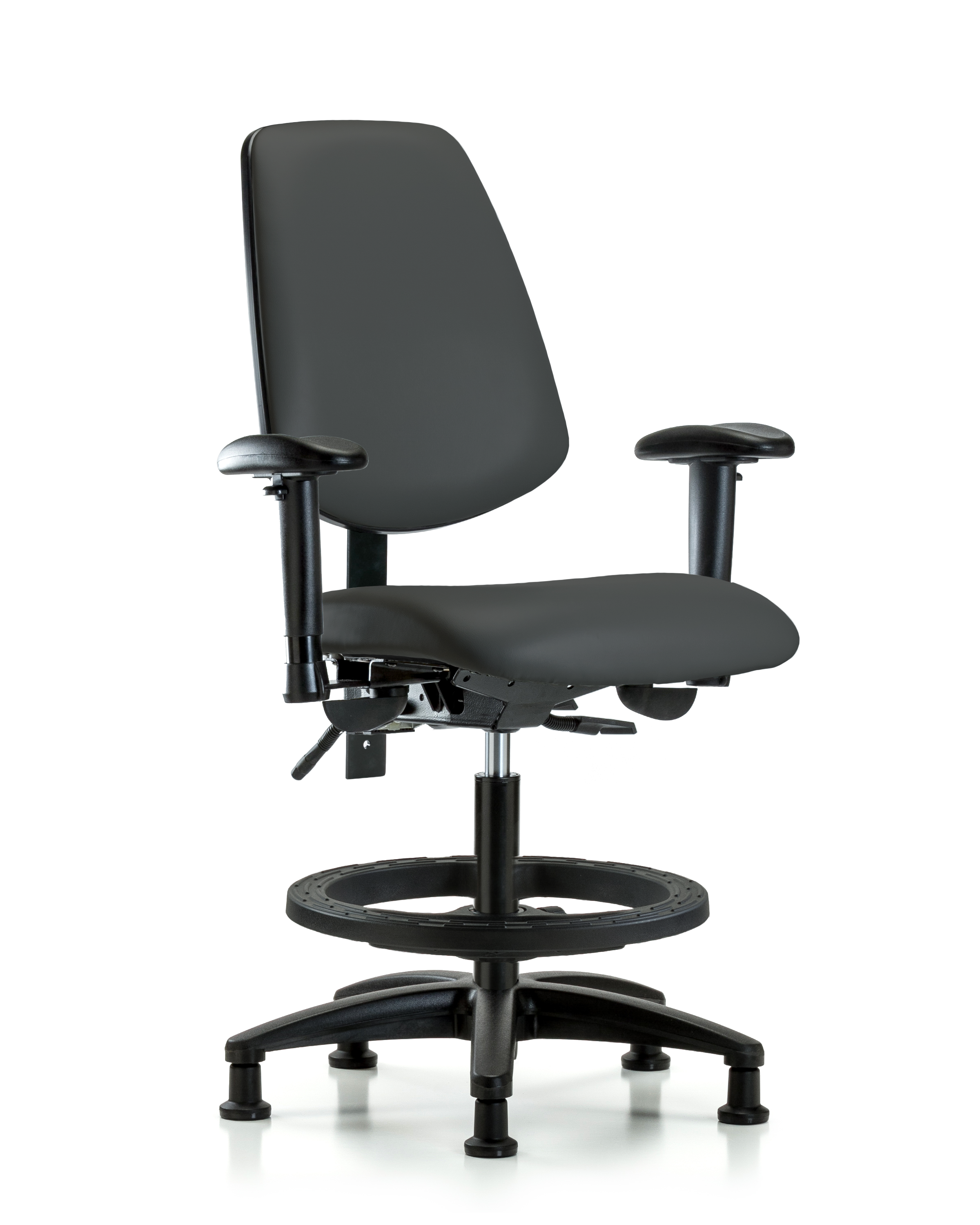 Rutledge Vinyl Chair - Medium Bench Height with Medium Back, Adjustable Arms, Black Foot Ring, & Stationary Glides in Charcoal Trailblazer Vinyl