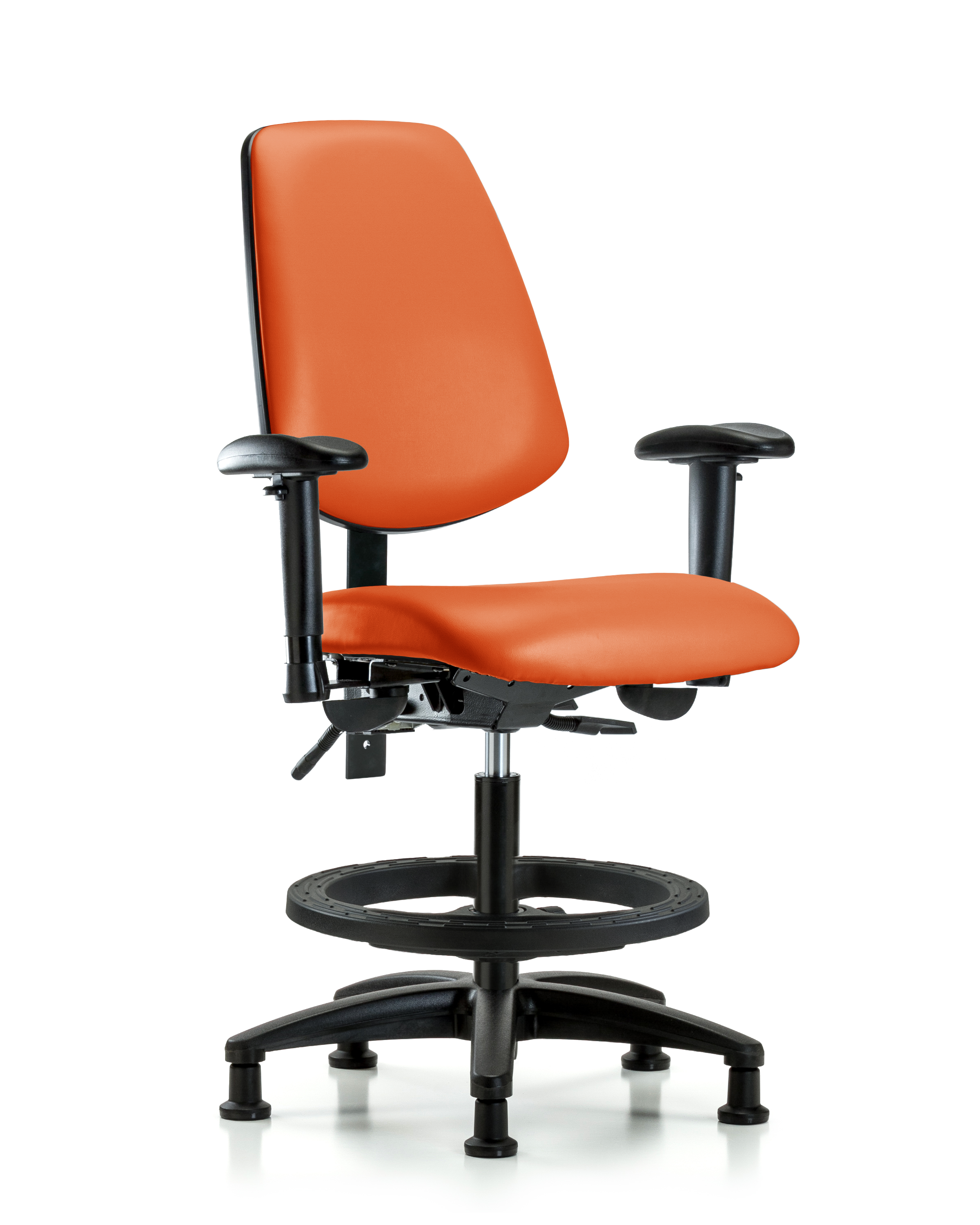 Rutledge Vinyl Chair - Medium Bench Height with Medium Back, Adjustable Arms, Black Foot Ring, & Stationary Glides in Orange Kist Trailblazer Vinyl