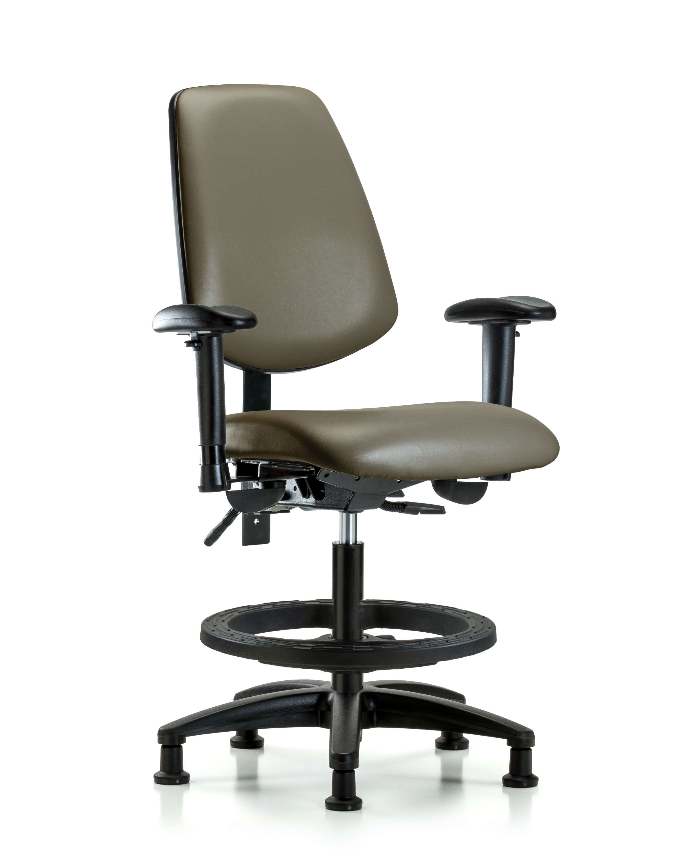 Rutledge Vinyl Chair - Medium Bench Height with Medium Back, Adjustable Arms, Black Foot Ring, & Stationary Glides in Taupe Supernova Vinyl