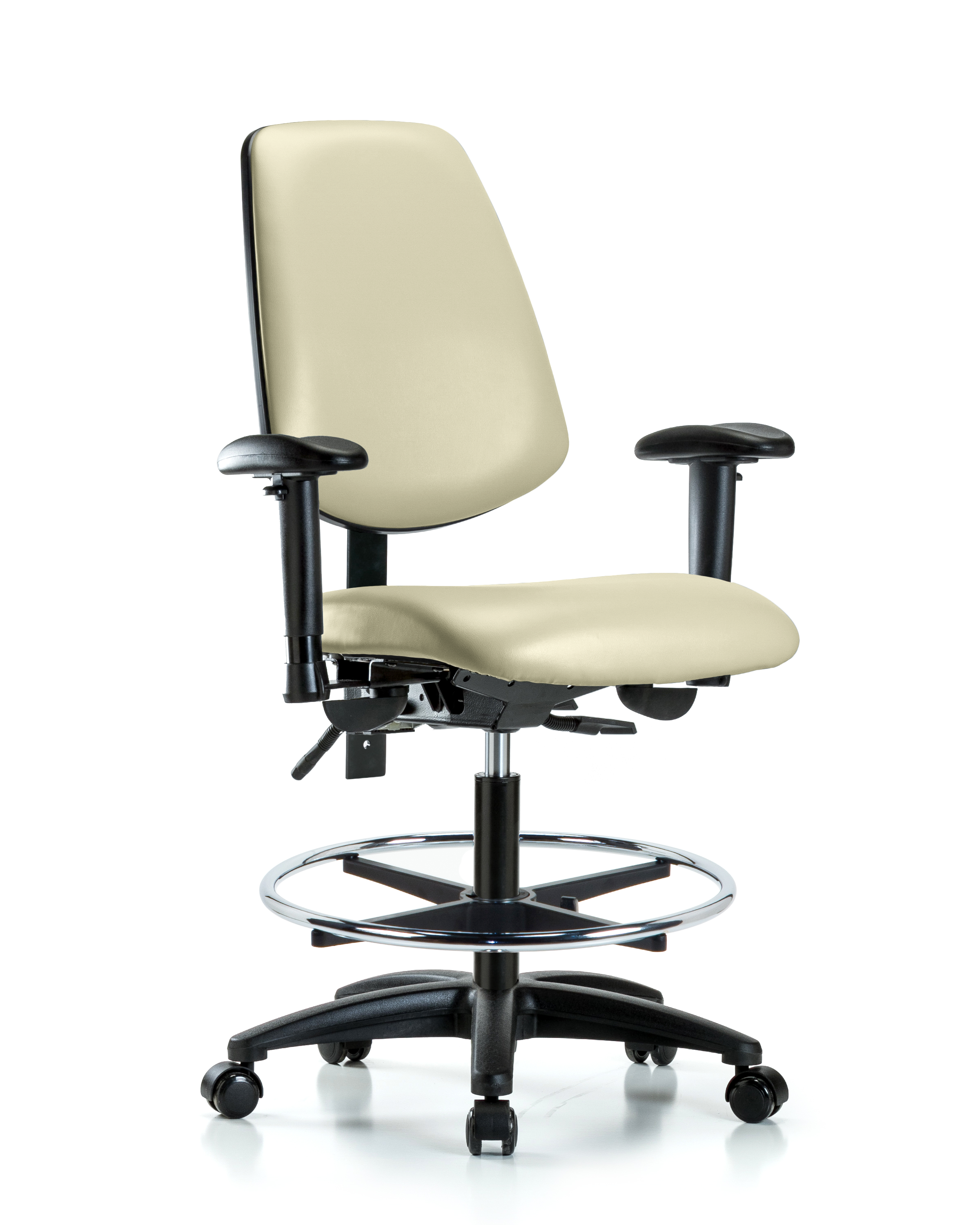 Rutledge Vinyl Chair - Medium Bench Height with Medium Back, Adjustable Arms, Chrome Foot Ring, & Casters in Adobe White Trailblazer Vinyl