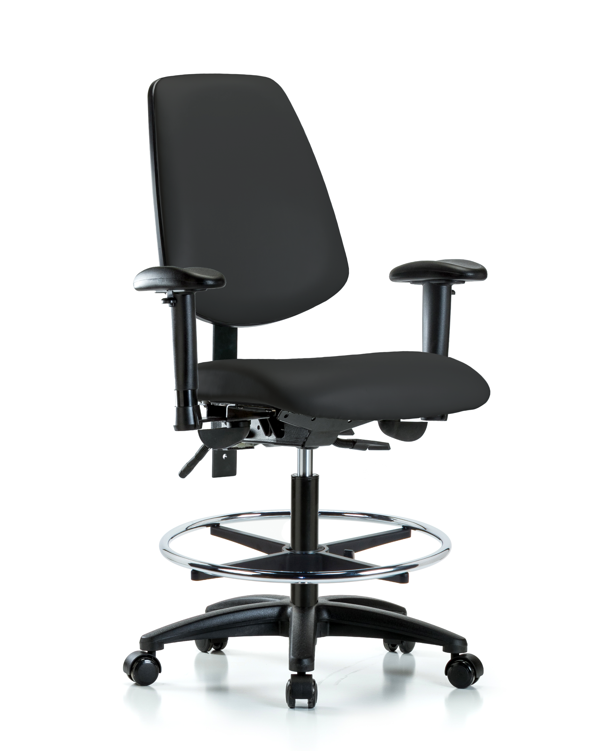 Rutledge Vinyl Chair - Medium Bench Height with Medium Back, Adjustable Arms, Chrome Foot Ring, & Casters in Black Trailblazer Vinyl