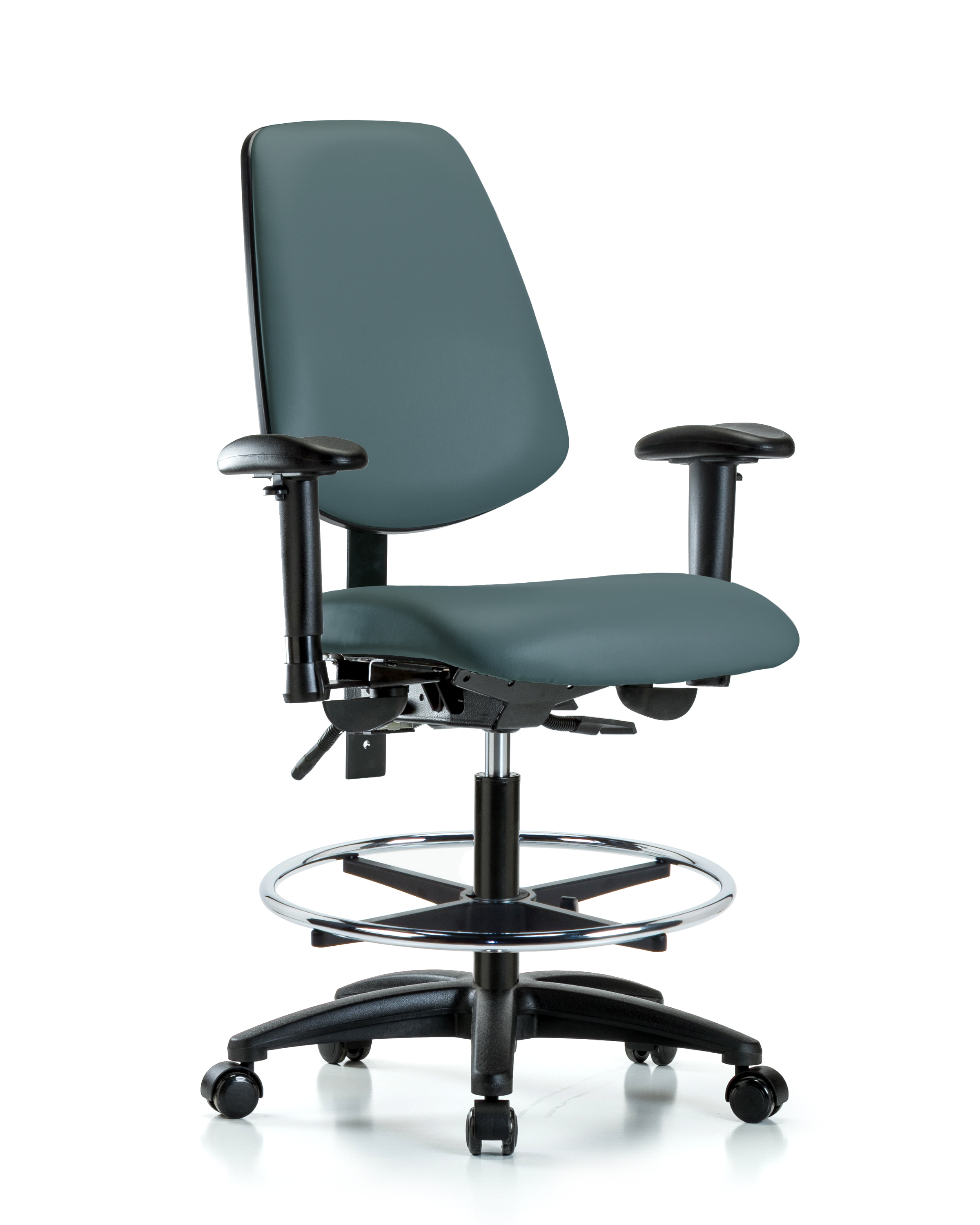 Rutledge Vinyl Chair - Medium Bench Height with Medium Back, Adjustable Arms, Chrome Foot Ring, & Casters in Colonial Blue Trailblazer Vinyl