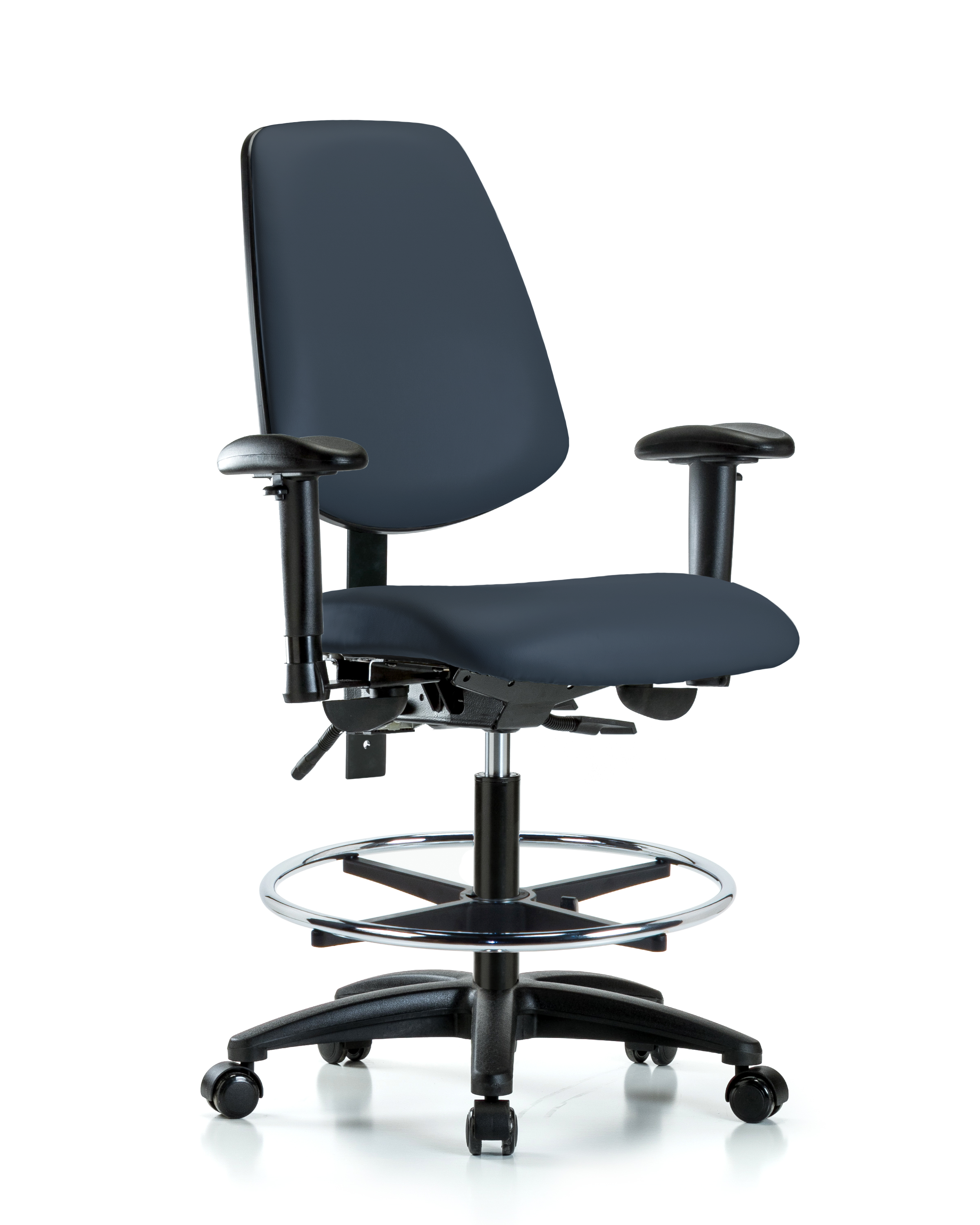 Rutledge Vinyl Chair - Medium Bench Height with Medium Back, Adjustable Arms, Chrome Foot Ring, & Casters in Imperial Blue Trailblazer Vinyl