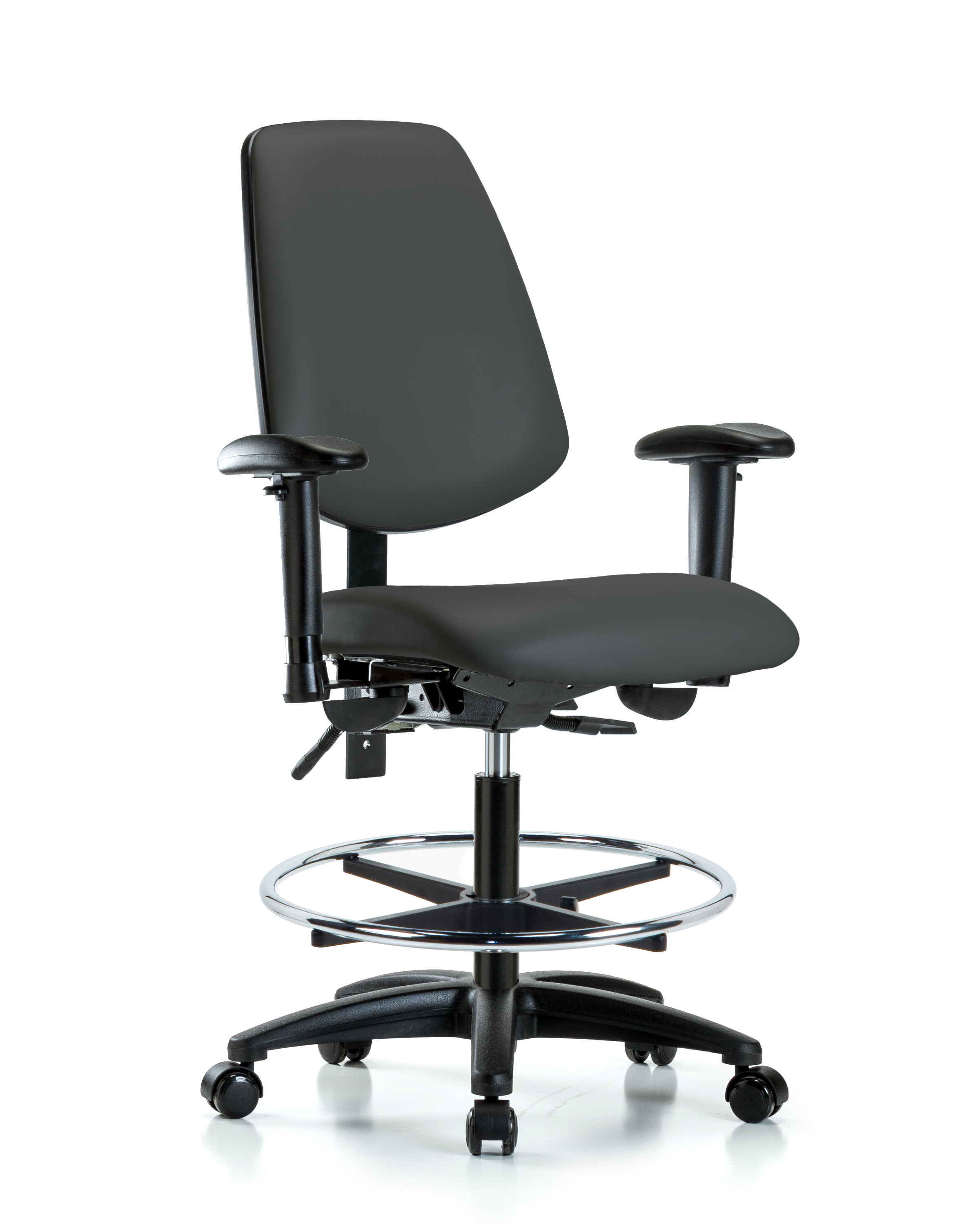 Rutledge Vinyl Chair - Medium Bench Height with Medium Back, Adjustable Arms, Chrome Foot Ring, & Casters in Charcoal Trailblazer Vinyl