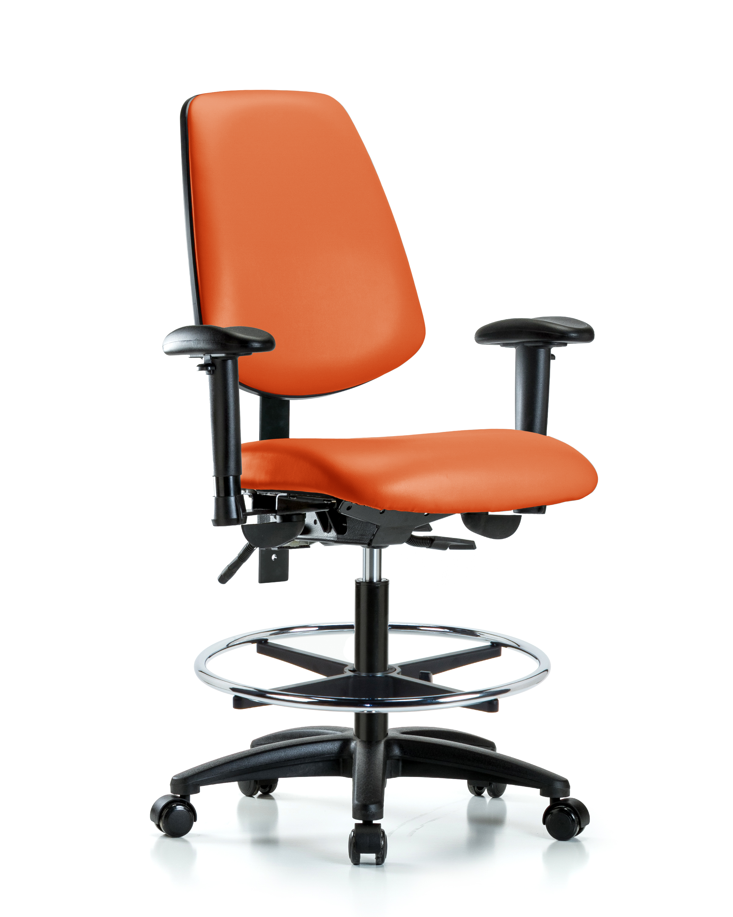 Rutledge Vinyl Chair - Medium Bench Height with Medium Back, Adjustable Arms, Chrome Foot Ring, & Casters in Orange Kist Trailblazer Vinyl