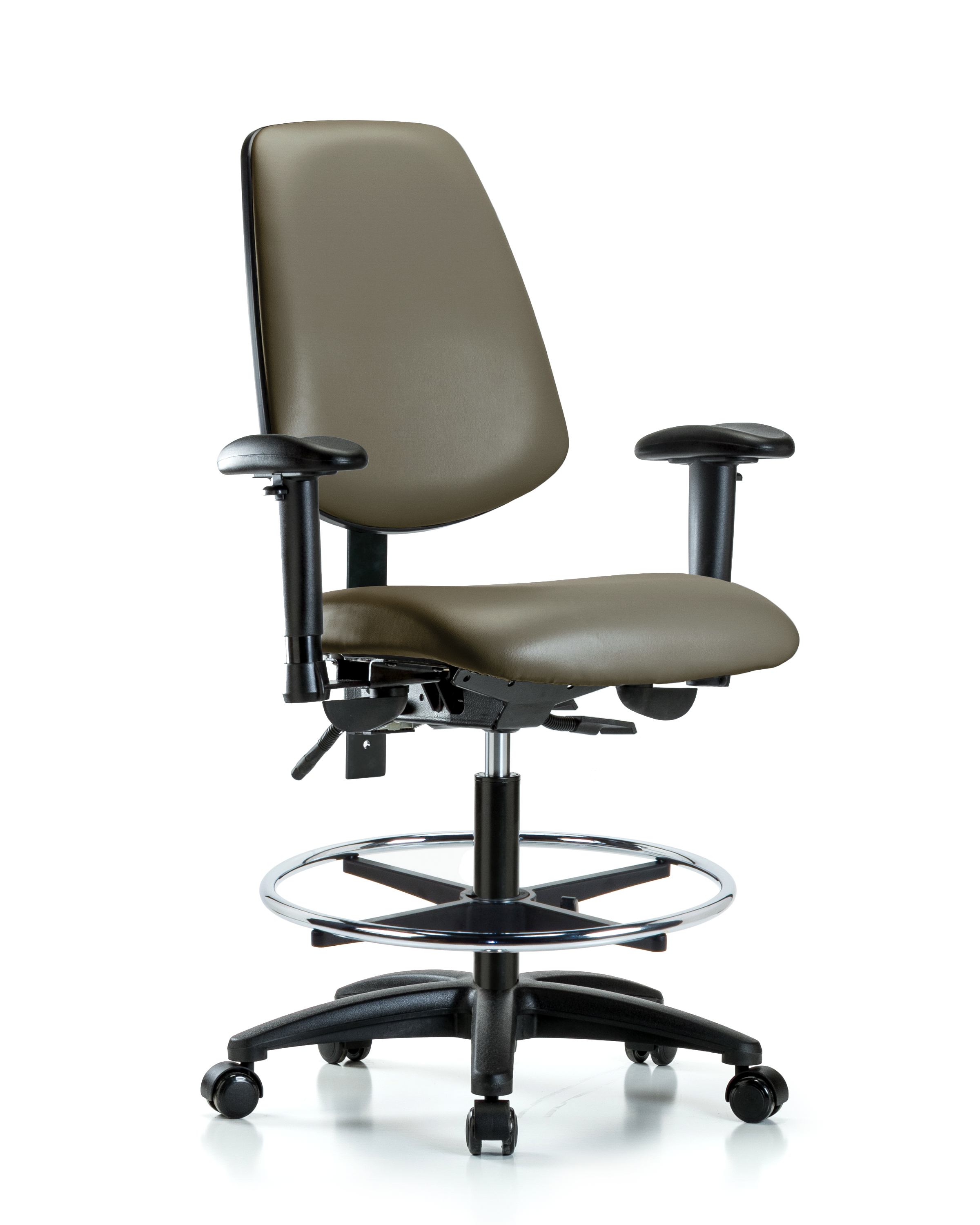Rutledge Vinyl Chair - Medium Bench Height with Medium Back, Adjustable Arms, Chrome Foot Ring, & Casters in Taupe Supernova Vinyl