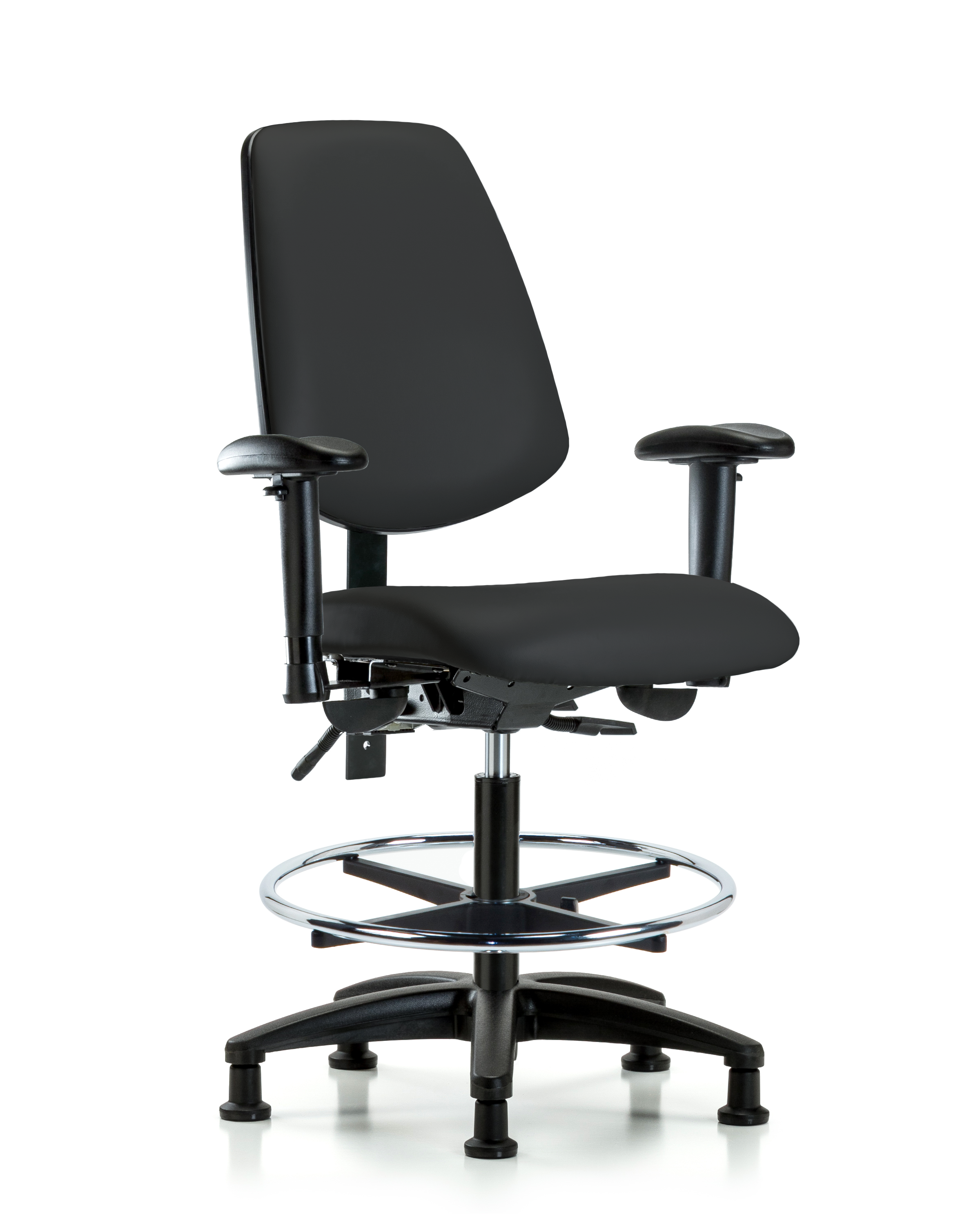 Rutledge Vinyl Chair - Medium Bench Height with Medium Back, Adjustable Arms, Chrome Foot Ring, & Stationary Glides in Black Trailblazer Vinyl