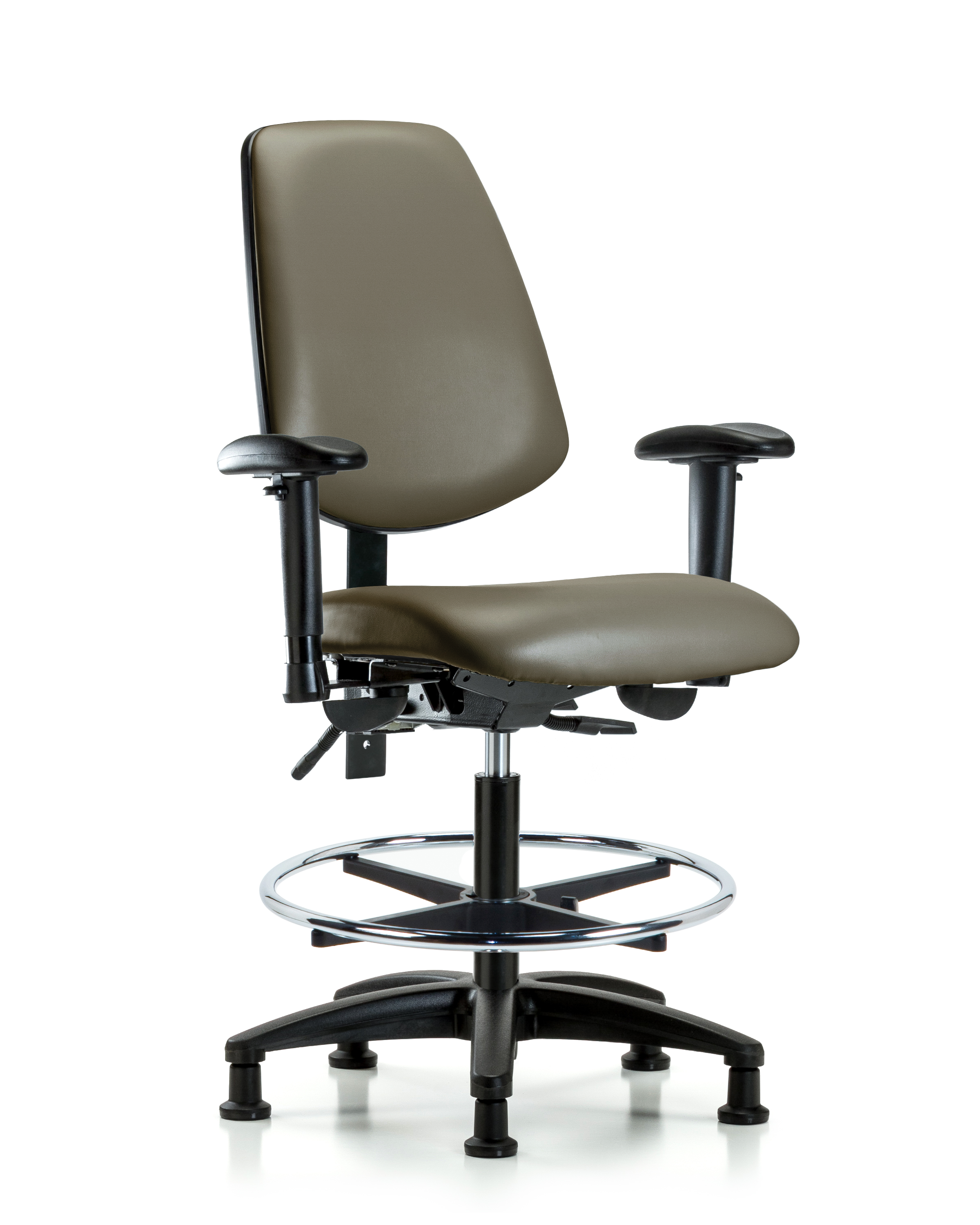 Rutledge Vinyl Chair - Medium Bench Height with Medium Back, Adjustable Arms, Chrome Foot Ring, & Stationary Glides in Taupe Supernova Vinyl