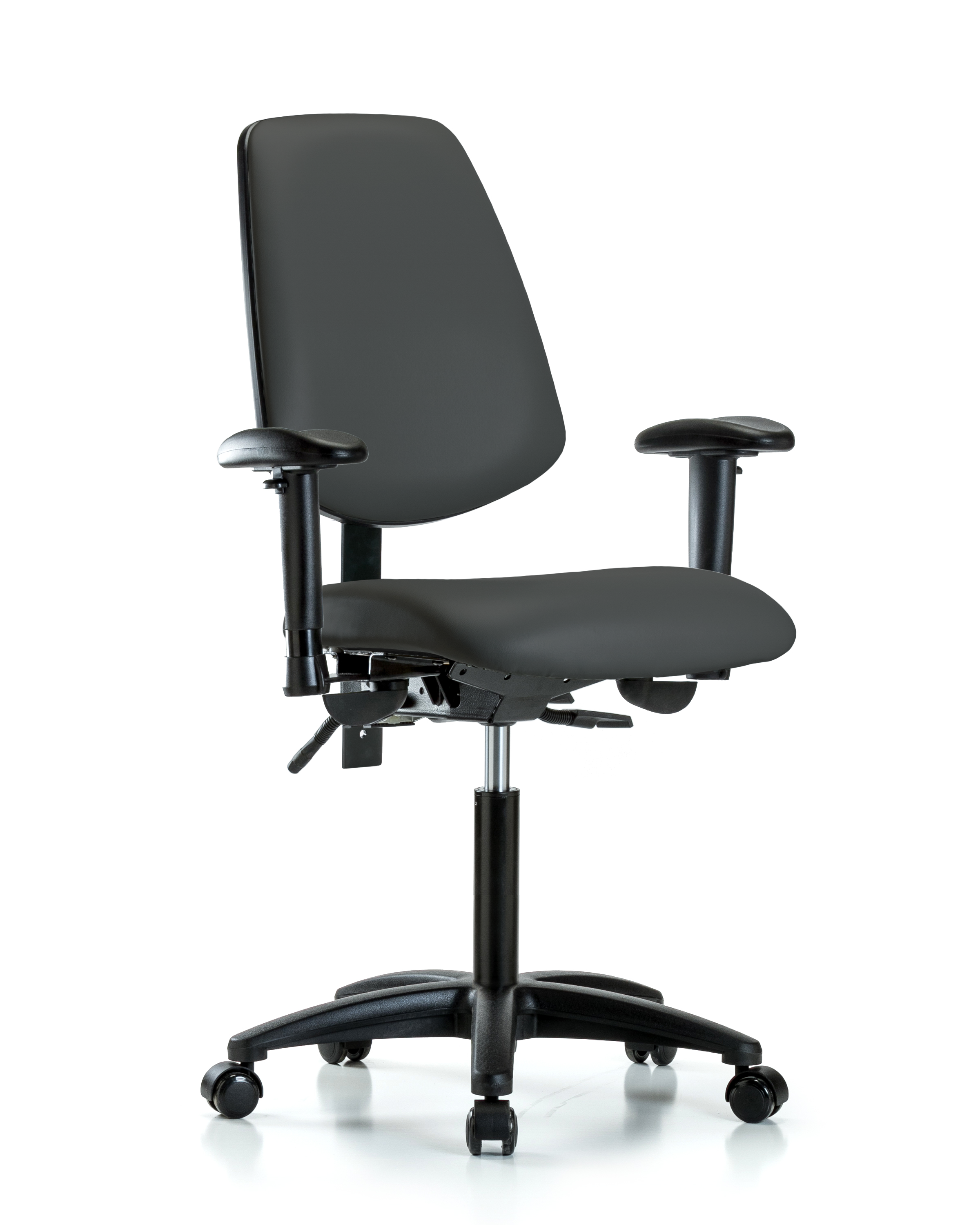 Rutledge Vinyl Chair - Medium Bench Height with Medium Back, Adjustable Arms, & Casters in Charcoal Trailblazer Vinyl