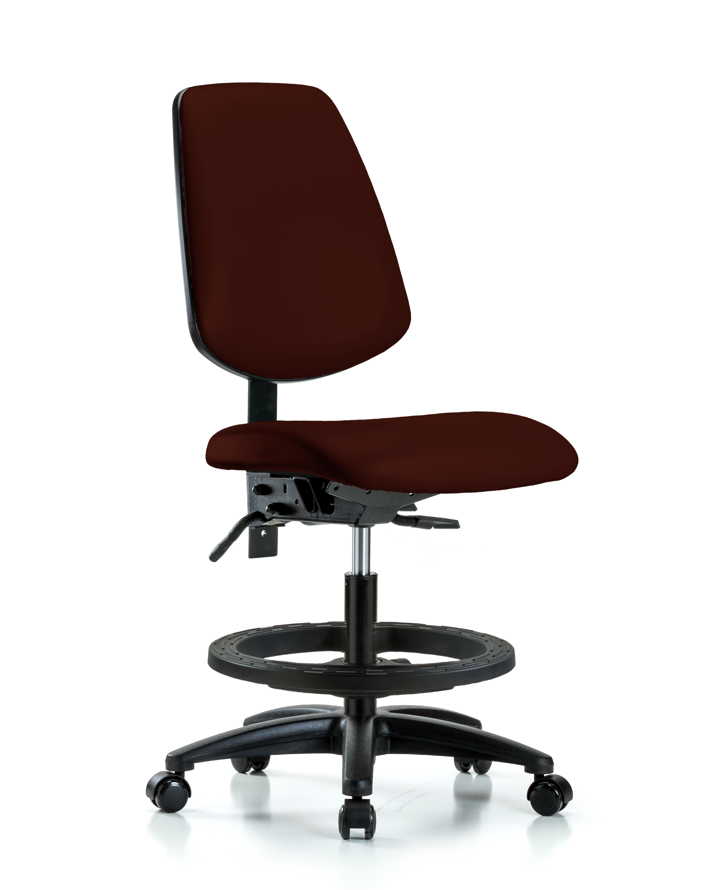 Rutledge Vinyl Chair - Medium Bench Height with Medium Back, Seat Tilt, Black Foot Ring, & Casters in Burgundy Trailblazer Vinyl