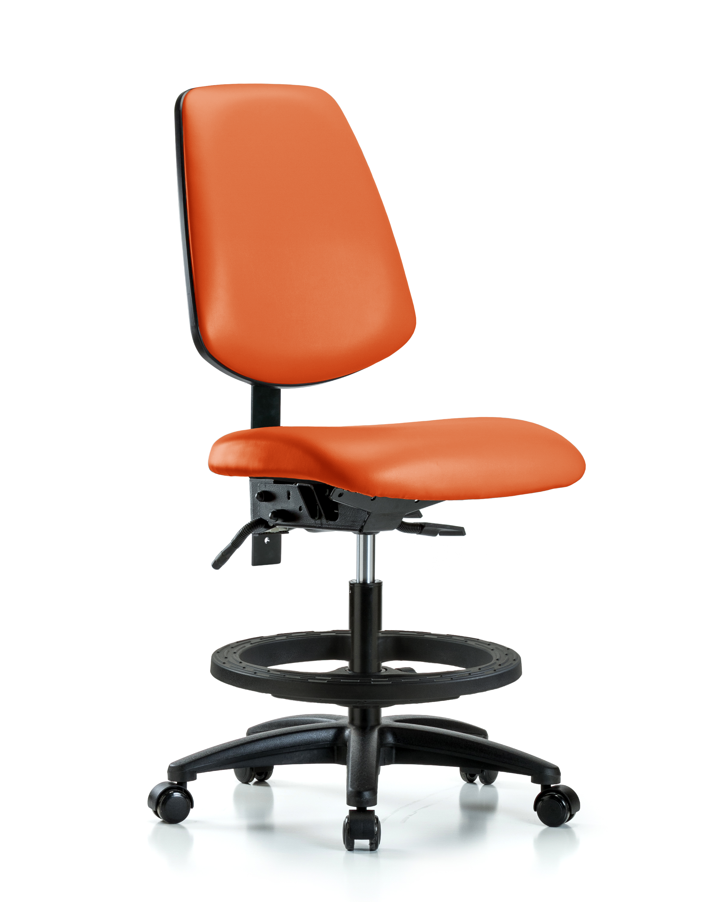 Rutledge Vinyl Chair - Medium Bench Height with Medium Back, Seat Tilt, Black Foot Ring, & Casters in Orange Kist Trailblazer Vinyl